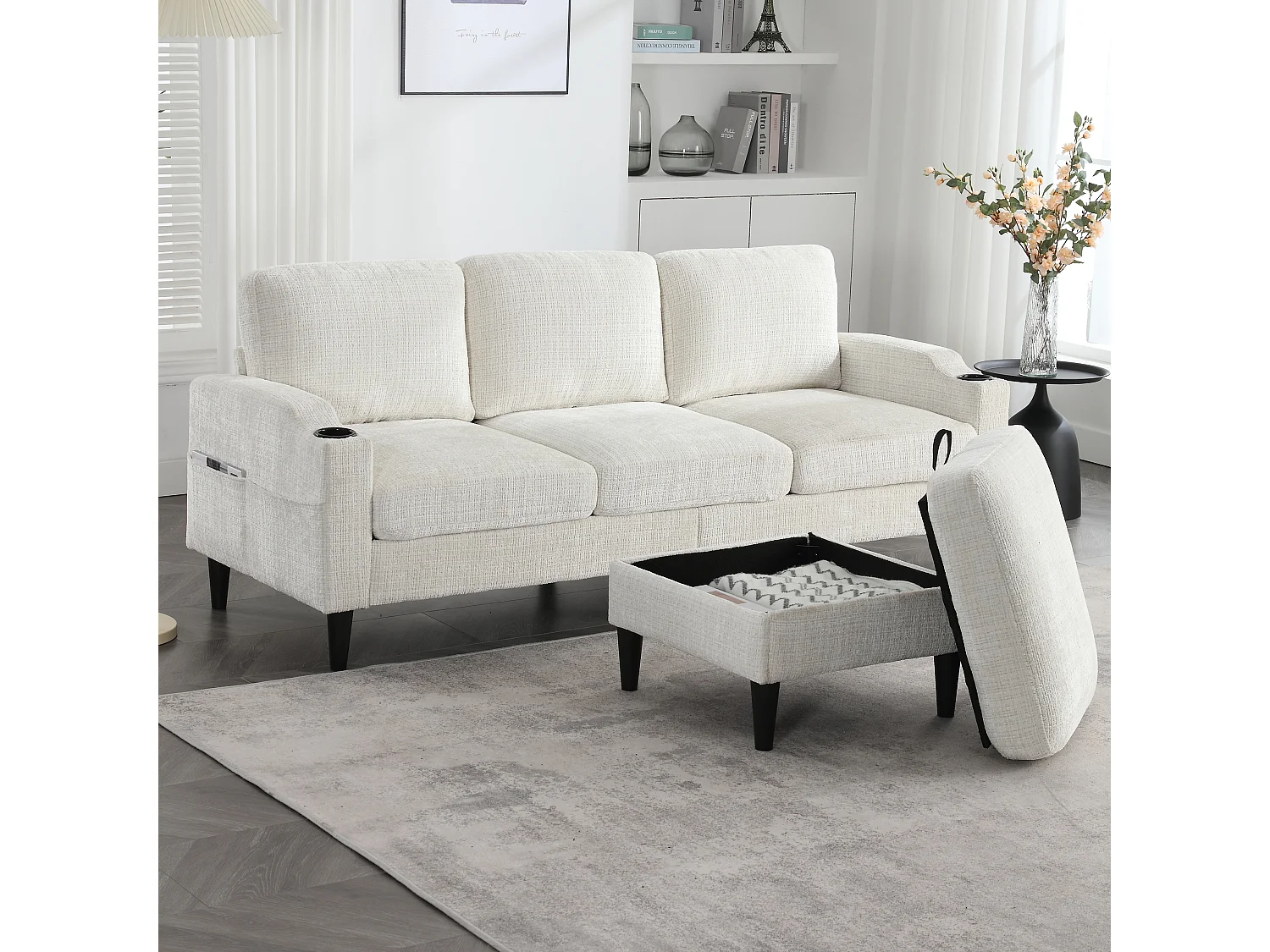 Bank – 4-zits Modulair Sofa met Hocker en Opbergruimte – Met Bekerhouders & Zijvakken – Voor Woonkamer – Chenille – Beige