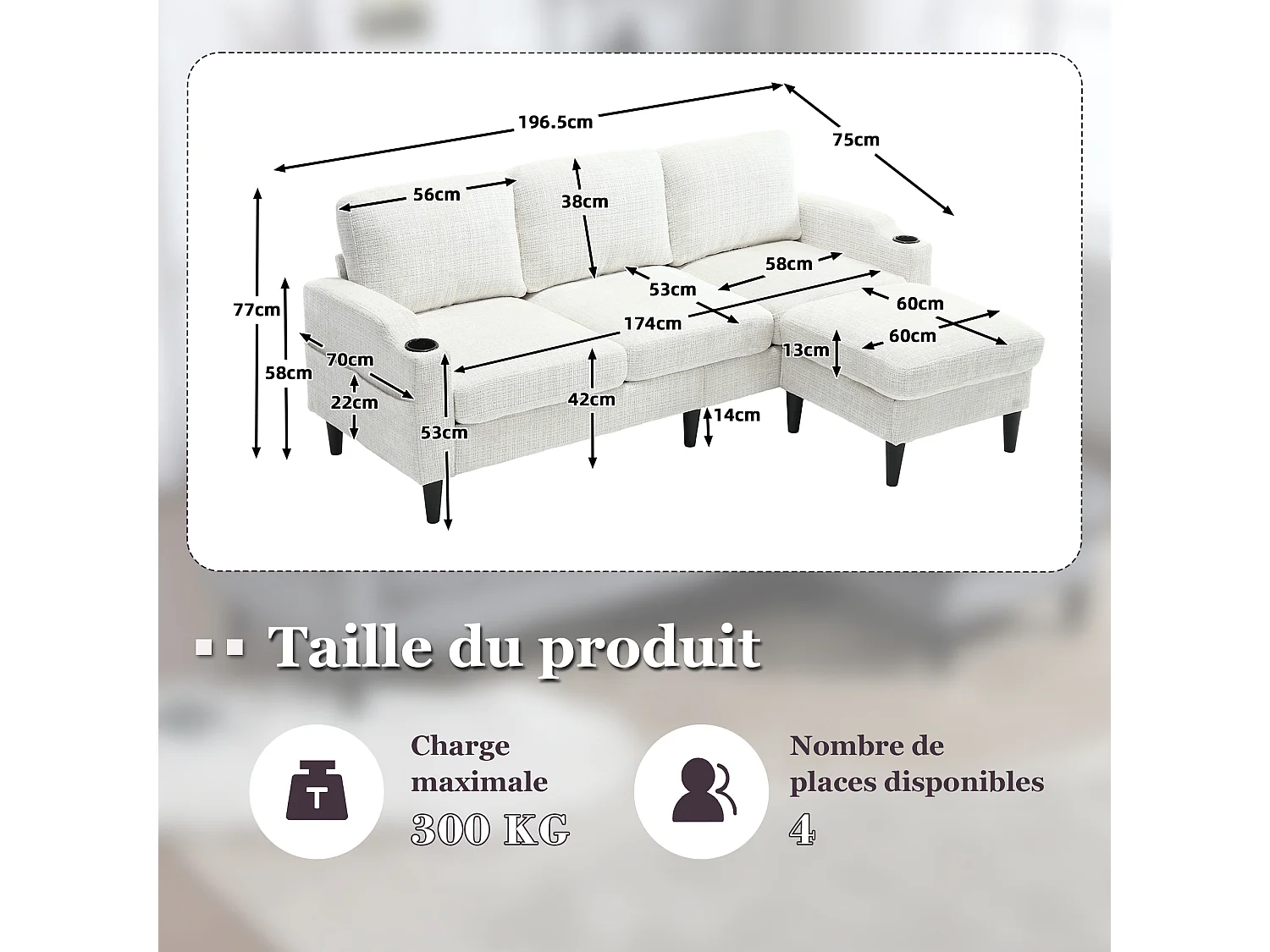 Bank – 4-zits Modulair Sofa met Hocker en Opbergruimte – Met Bekerhouders & Zijvakken – Voor Woonkamer – Chenille – Beige