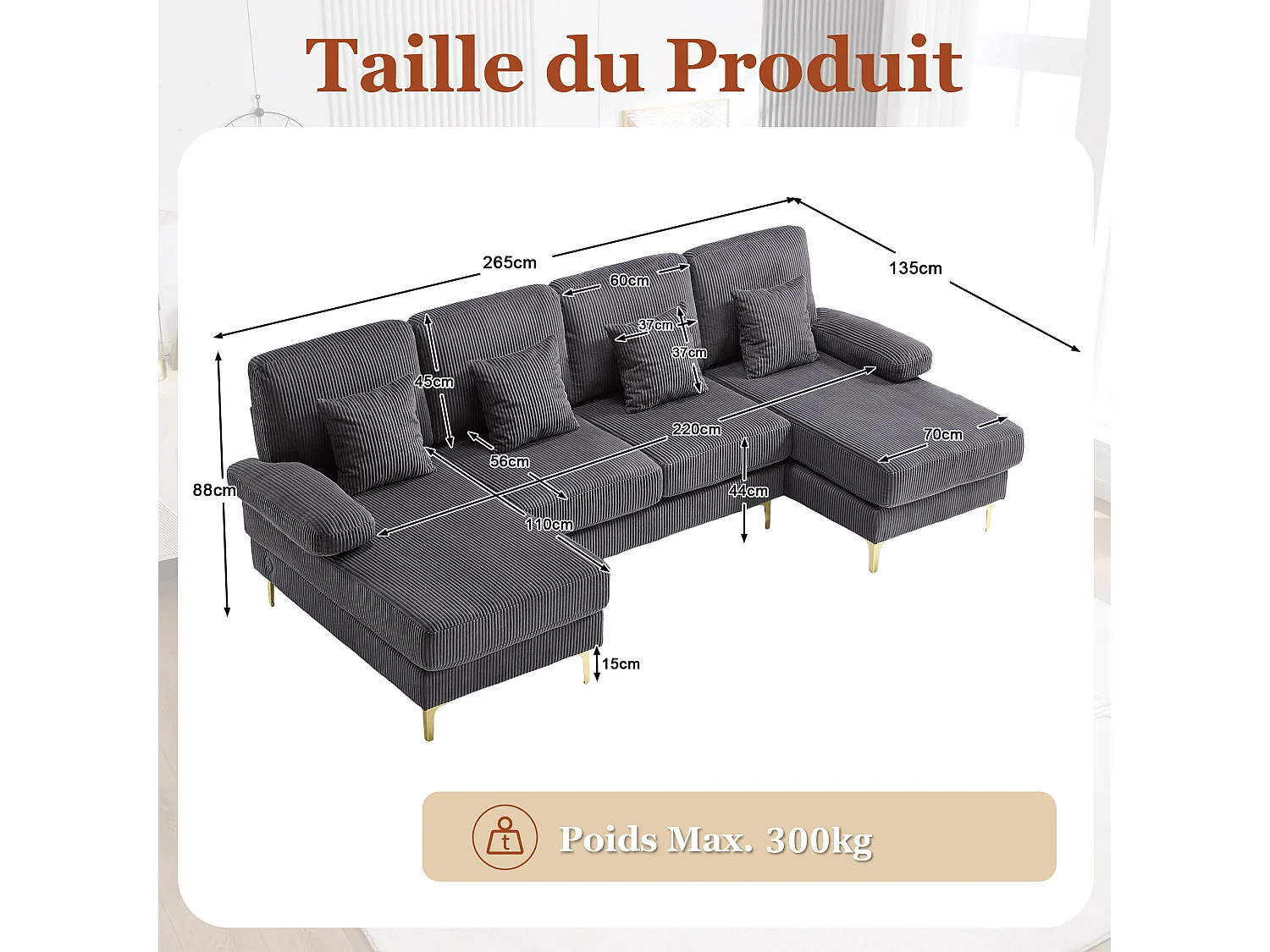 Canapé d'angle en U - Spacieux espace d'assise en forme de U avec dossier ergonomique et coussins d'assise profonds -  LED intégré et port USB - Velours - Gris