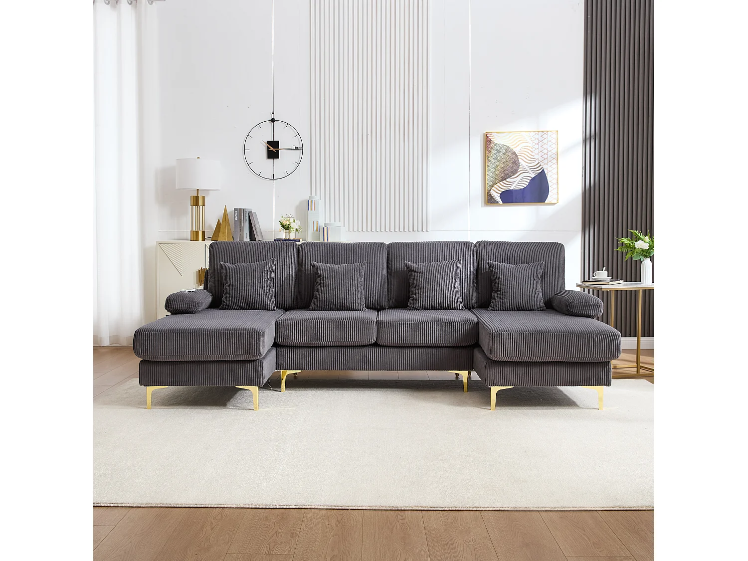Canapé d'angle en U - Spacieux espace d'assise en forme de U avec dossier ergonomique et coussins d'assise profonds -  LED intégré et port USB - Velours - Gris