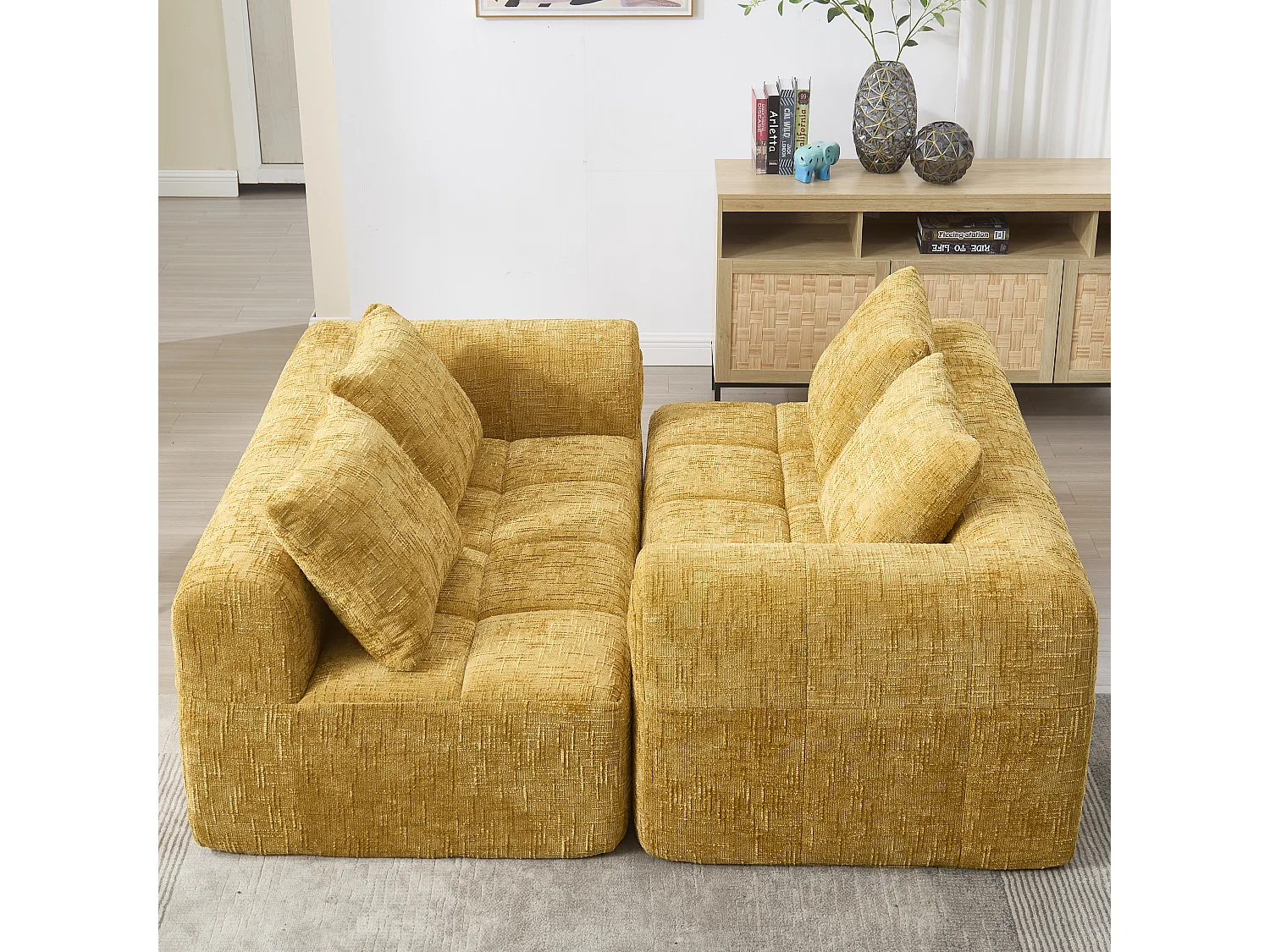 Hoekbank – 3-Zits L-Bank Met Chaise Longue – Met Zijvak & 3 Kussens – Wolkachtig Zitcomfort Met Hoogdichtheid Schuim – Chenille – Geel