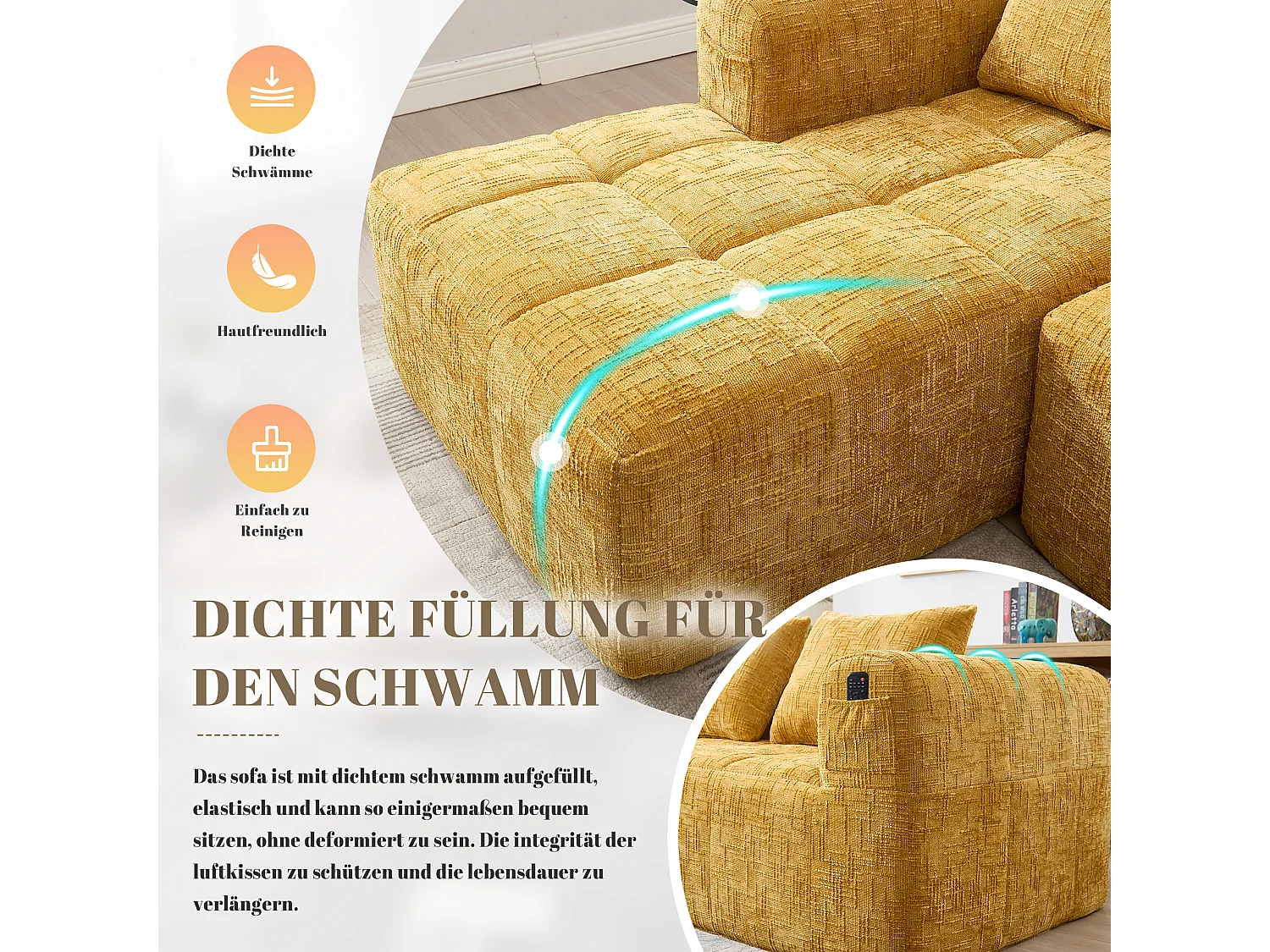 Hoekbank – 3-Zits L-Bank Met Chaise Longue – Met Zijvak & 3 Kussens – Wolkachtig Zitcomfort Met Hoogdichtheid Schuim – Chenille – Geel