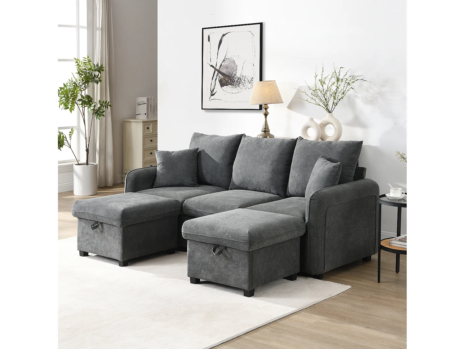 Canapé d'angle modulable 3 places avec 2 tiroirs et 2 poufs de rangement  - Chenille - Gris foncé