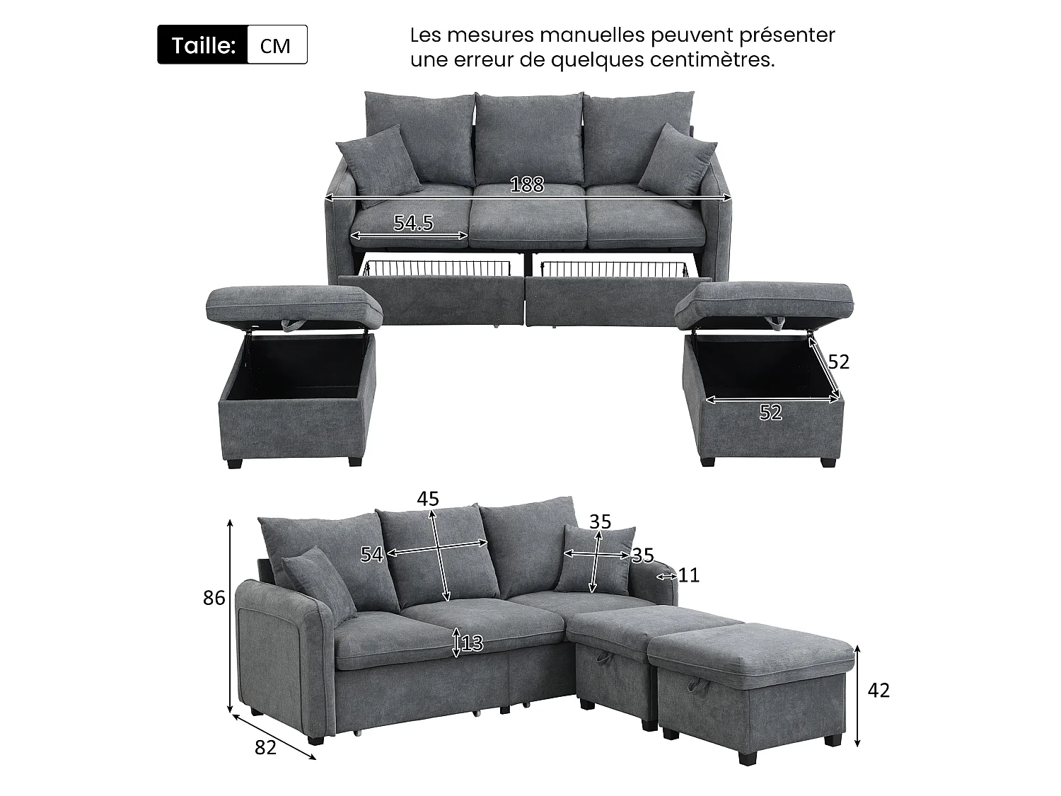 Canapé d'angle modulable 3 places avec 2 tiroirs et 2 poufs de rangement  - Chenille - Gris foncé