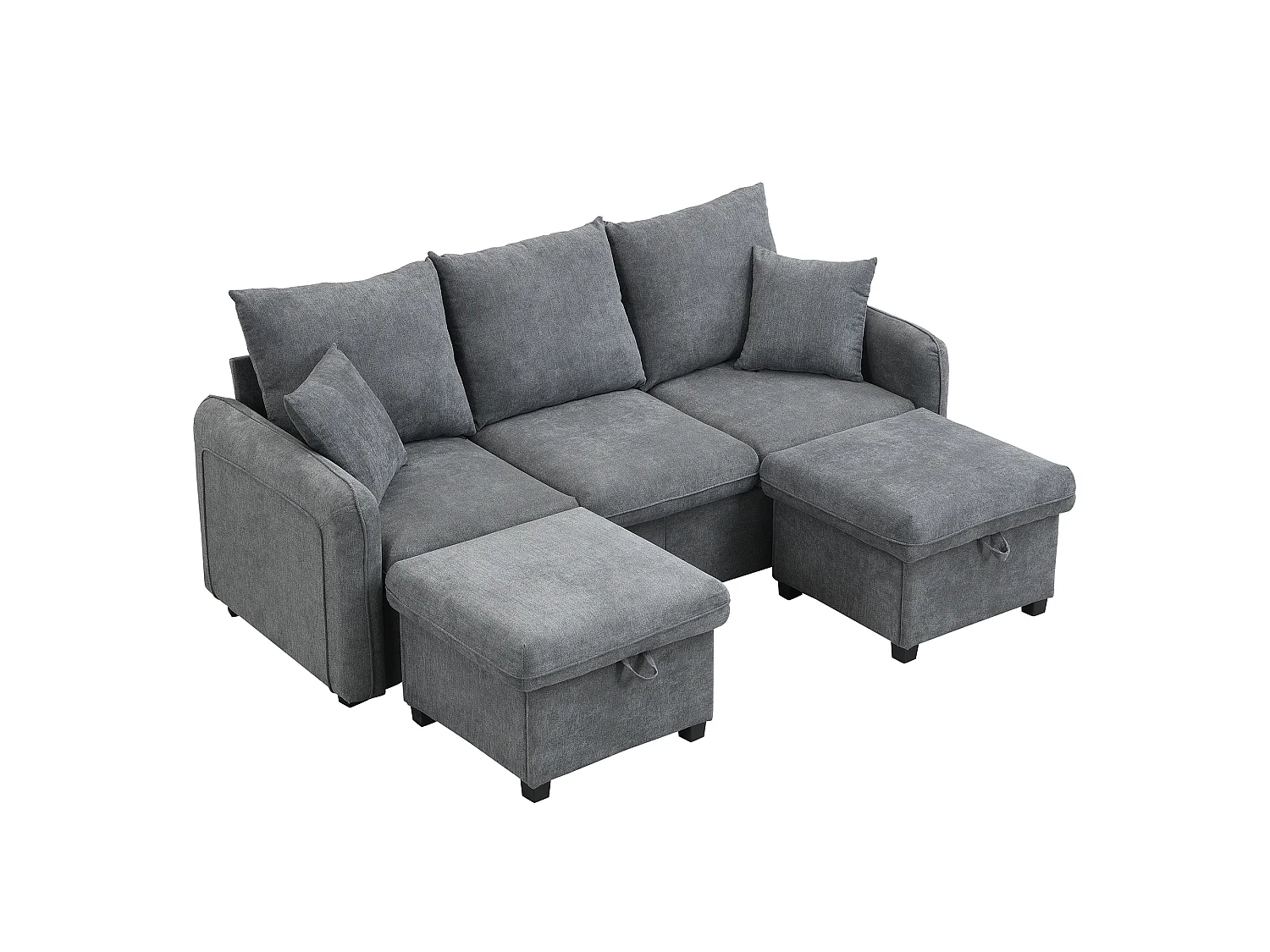 Canapé d'angle modulable 3 places avec 2 tiroirs et 2 poufs de rangement  - Chenille - Gris foncé