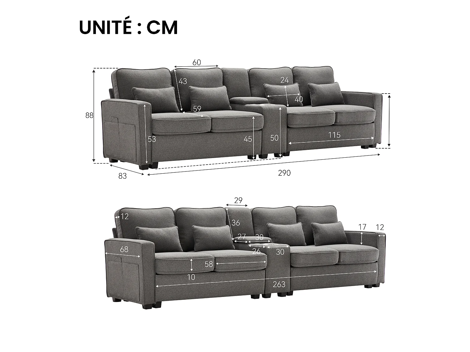 Canapé 4-5 Places - Canapé Lin Avec Console, 2 Porte-Gobelets, 2 Ports USB Et Poches D'Accoudoir - 4 Coussins Lombaires - Lin - Gris Foncé