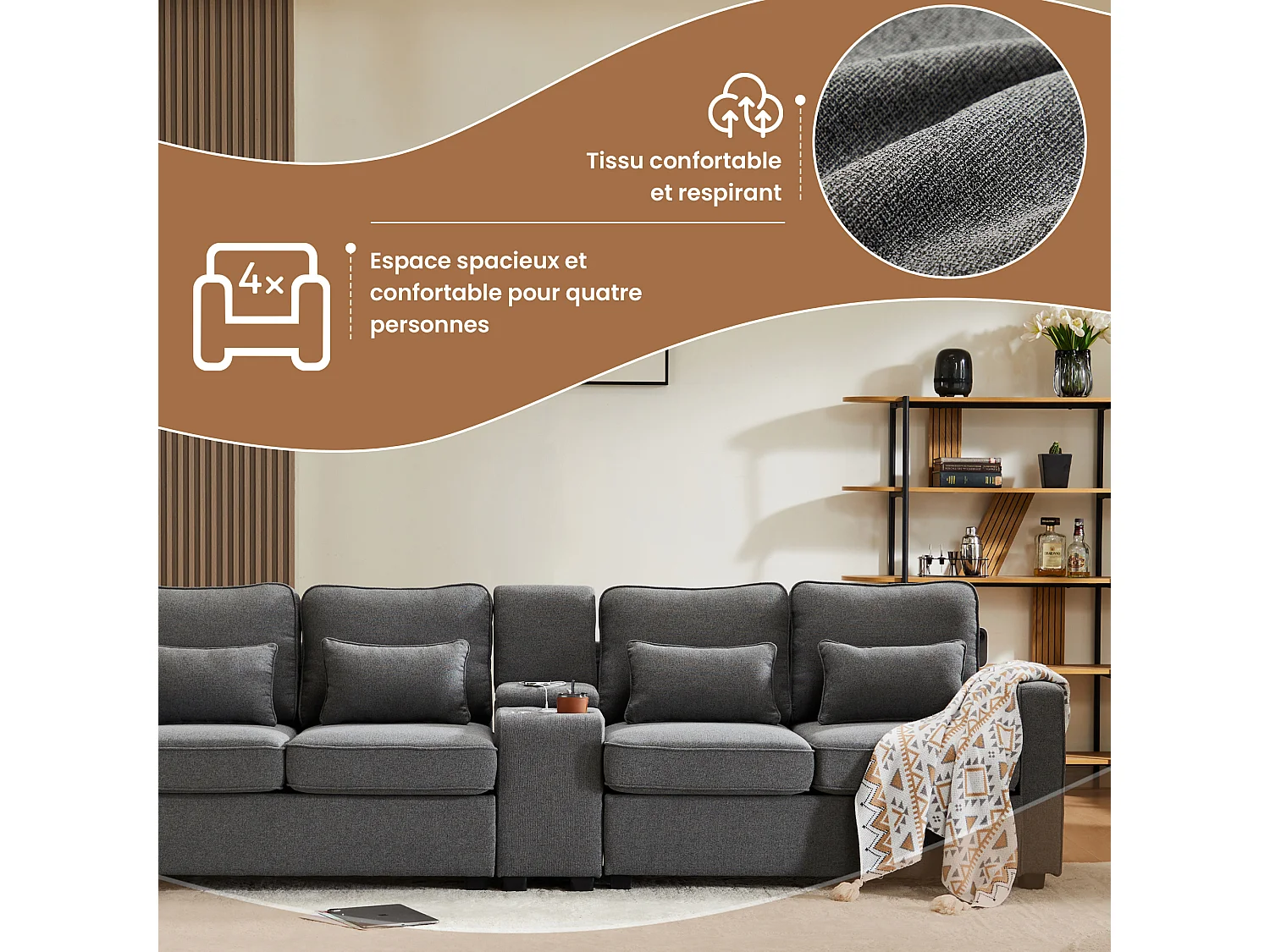 Canapé 4-5 Places - Canapé Lin Avec Console, 2 Porte-Gobelets, 2 Ports USB Et Poches D'Accoudoir - 4 Coussins Lombaires - Lin - Gris Foncé