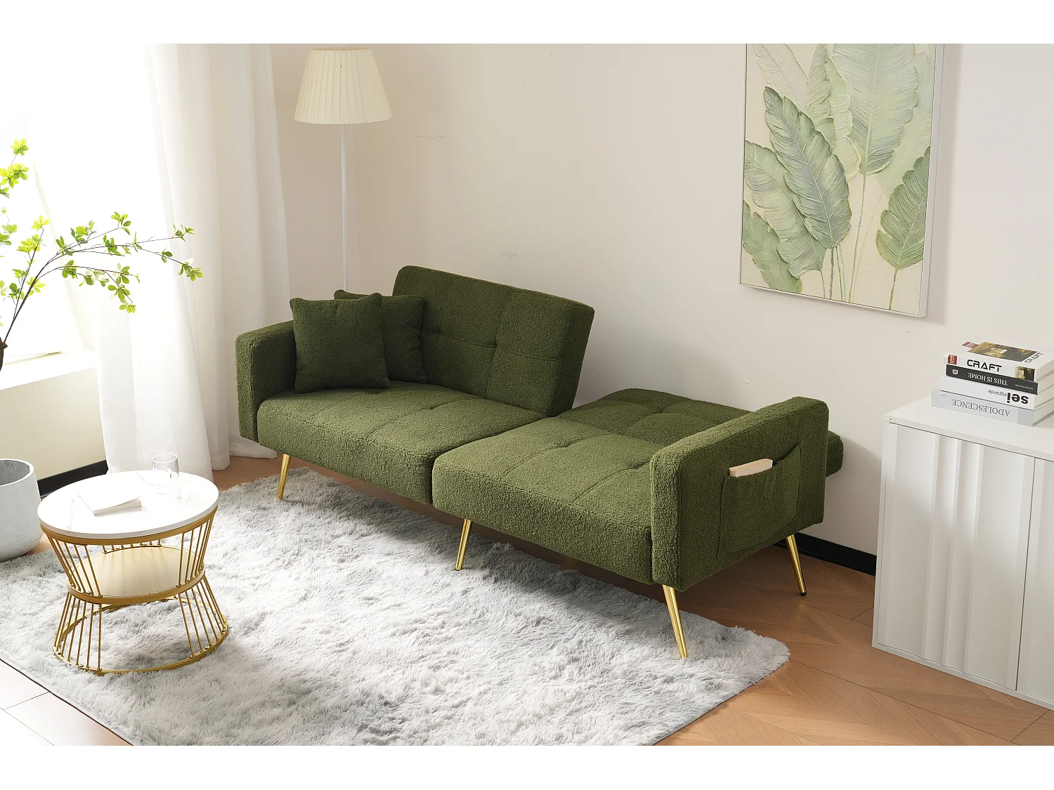 Slaapbank - 2-Zits Met Bedfunctie En Verstelbare Rugleuning - Vergulde Poten Met Zachte Sherpa Bekleding - Houten Frame - Groen