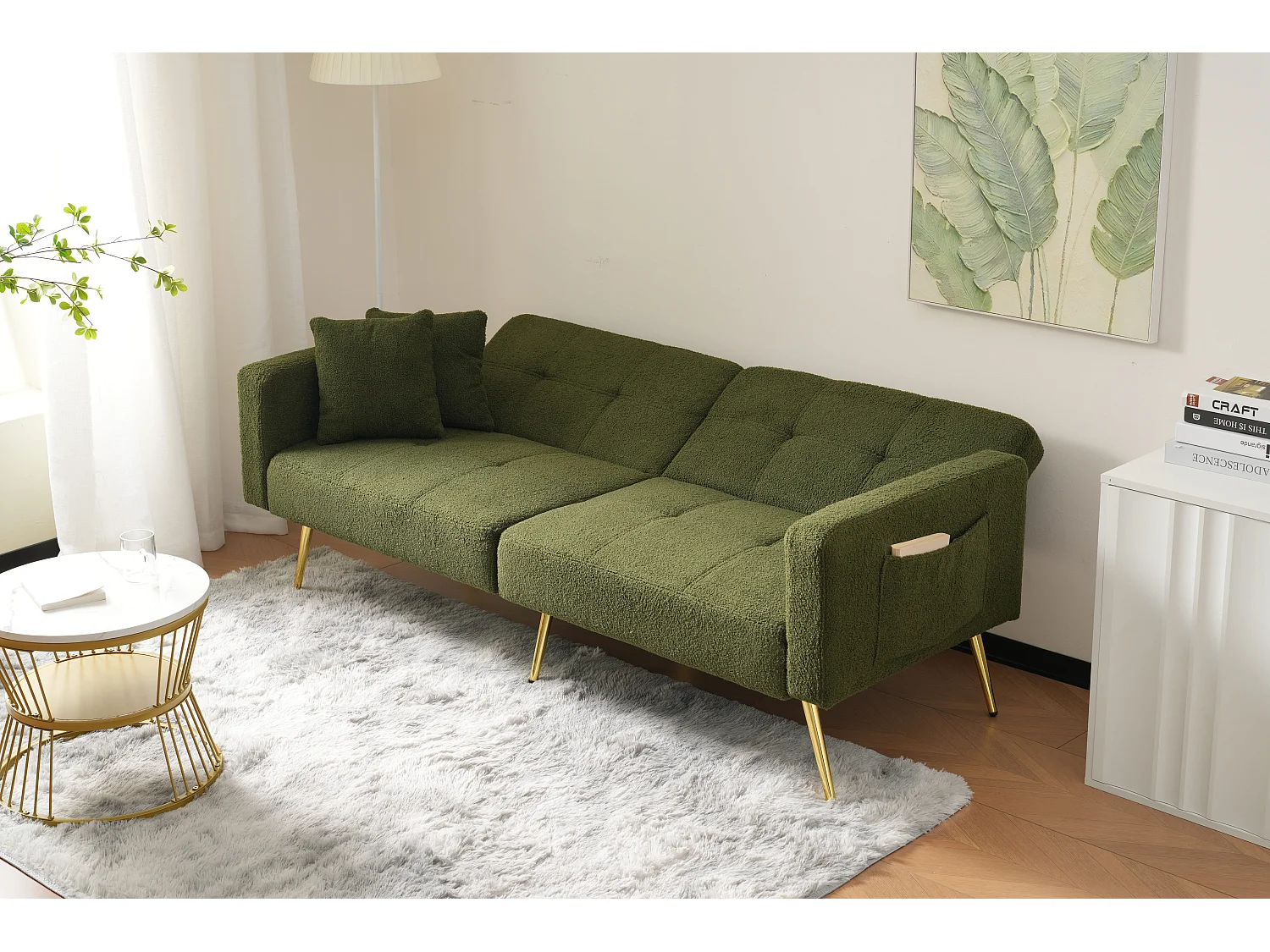 Slaapbank - 2-Zits Met Bedfunctie En Verstelbare Rugleuning - Vergulde Poten Met Zachte Sherpa Bekleding - Houten Frame - Groen