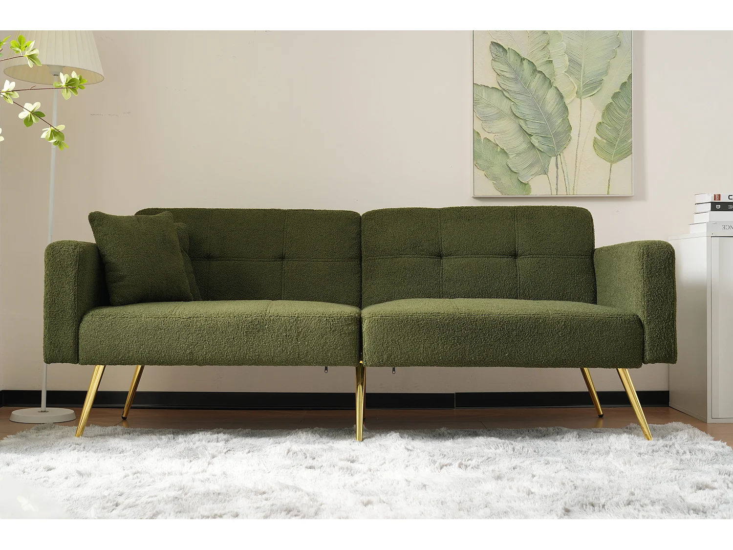 Slaapbank - 2-Zits Met Bedfunctie En Verstelbare Rugleuning - Vergulde Poten Met Zachte Sherpa Bekleding - Houten Frame - Groen
