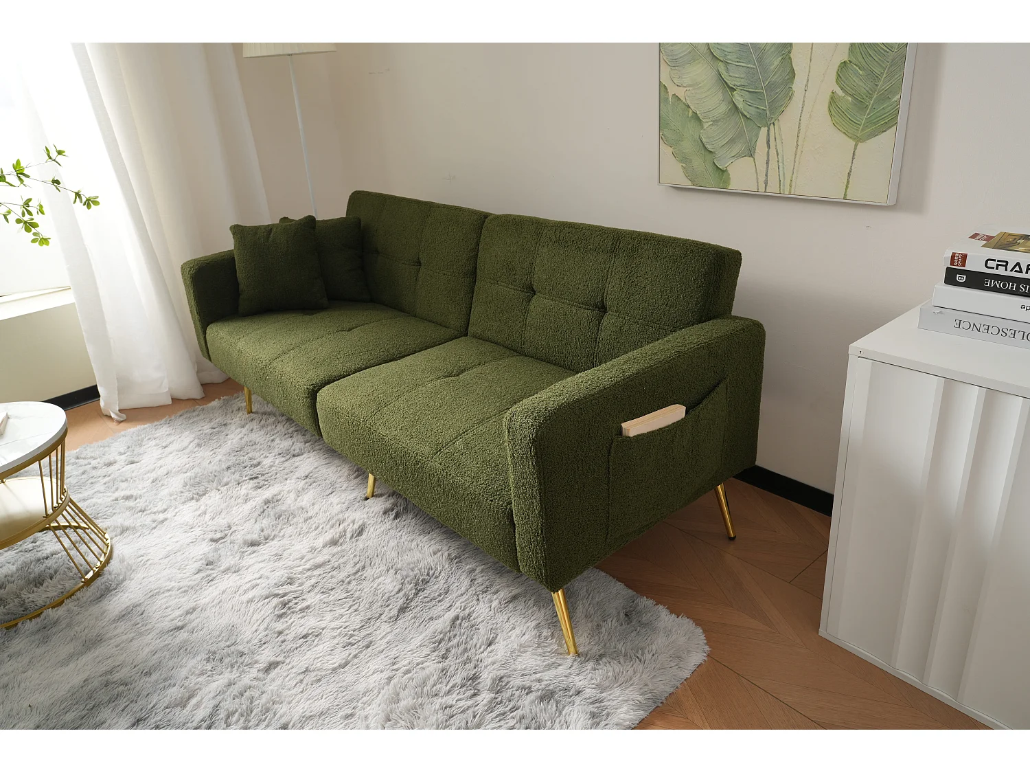 Slaapbank - 2-Zits Met Bedfunctie En Verstelbare Rugleuning - Vergulde Poten Met Zachte Sherpa Bekleding - Houten Frame - Groen