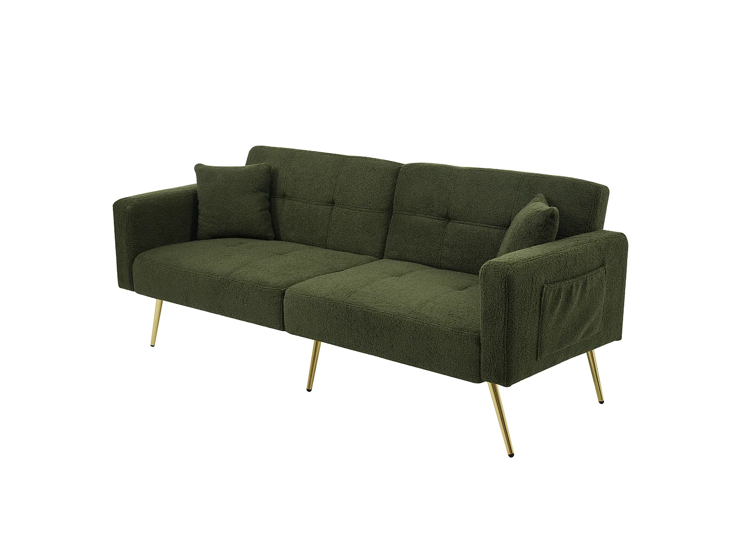 Slaapbank - 2-Zits Met Bedfunctie En Verstelbare Rugleuning - Vergulde Poten Met Zachte Sherpa Bekleding - Houten Frame - Groen