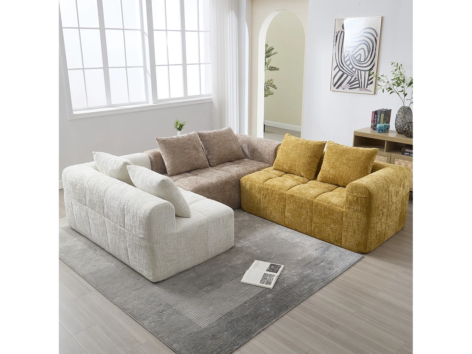 Canapé modulable en L 3 places + chaise longue - Chenille khaki - Sans montage, 3 coussins lavables, poches latérales, 250x158x60cm, 300 kg