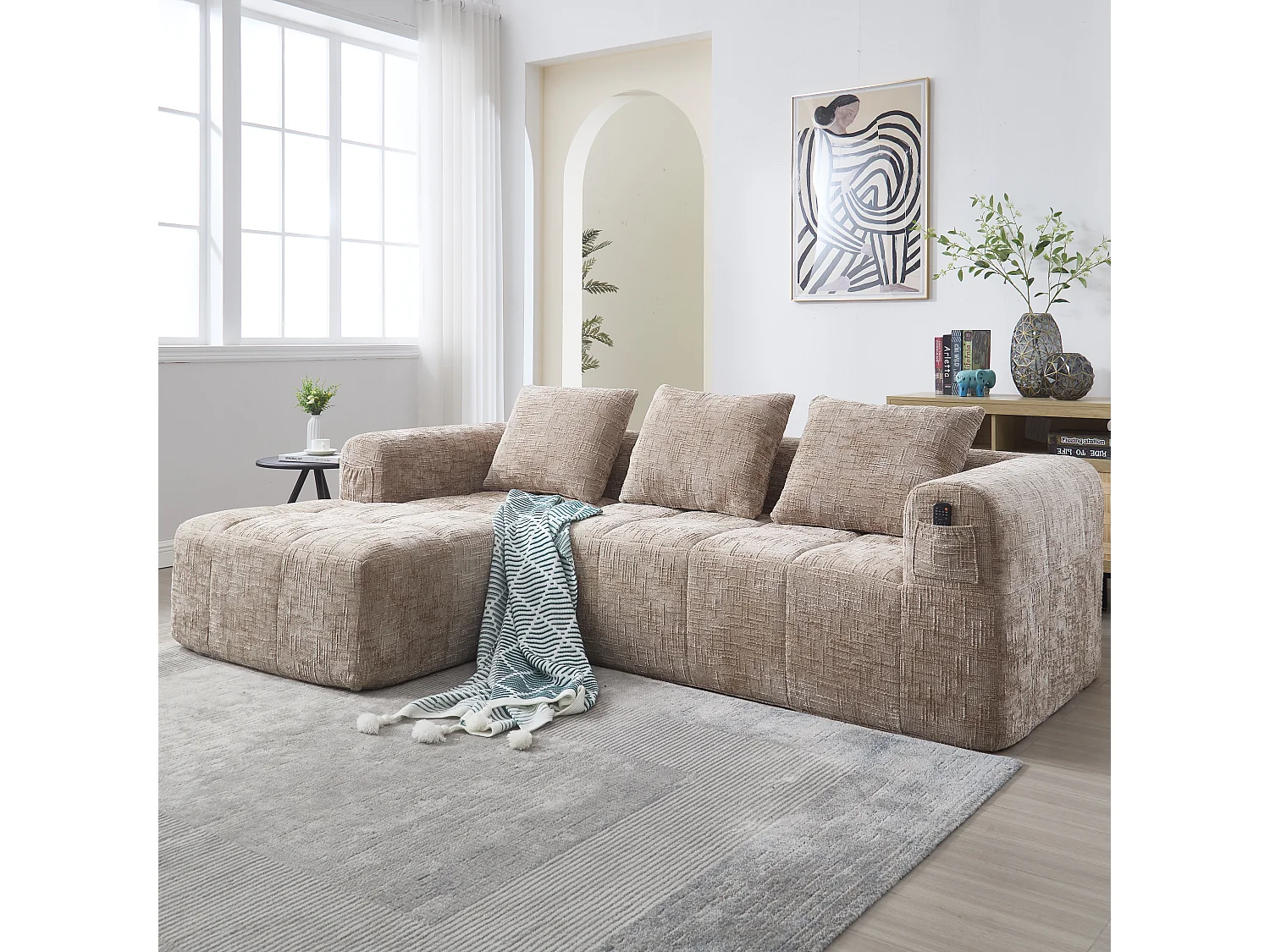 Canapé modulable en L 3 places + chaise longue - Chenille khaki - Sans montage, 3 coussins lavables, poches latérales, 250x158x60cm, 300 kg