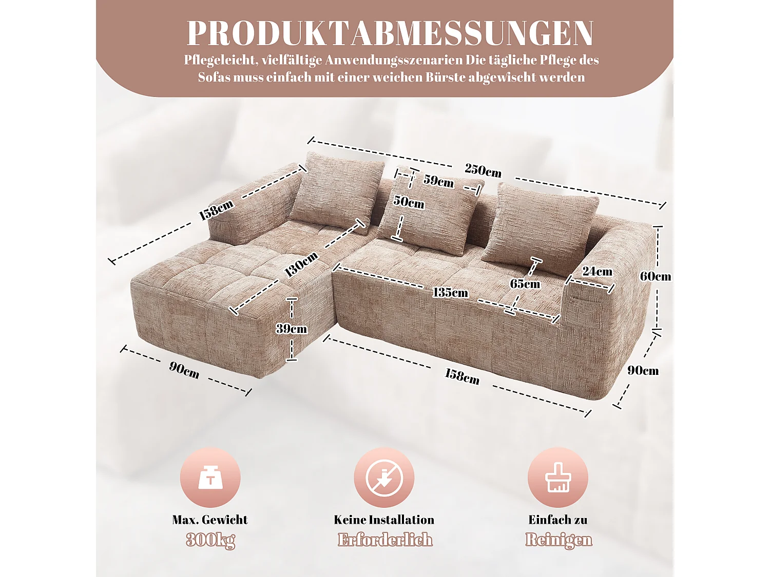 Canapé modulable en L 3 places + chaise longue - Chenille khaki - Sans montage, 3 coussins lavables, poches latérales, 250x158x60cm, 300 kg