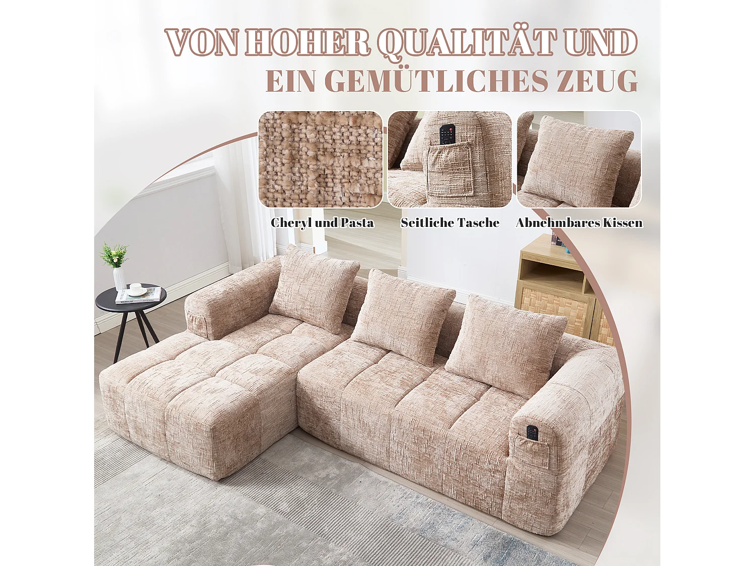 Canapé modulable en L 3 places + chaise longue - Chenille khaki - Sans montage, 3 coussins lavables, poches latérales, 250x158x60cm, 300 kg