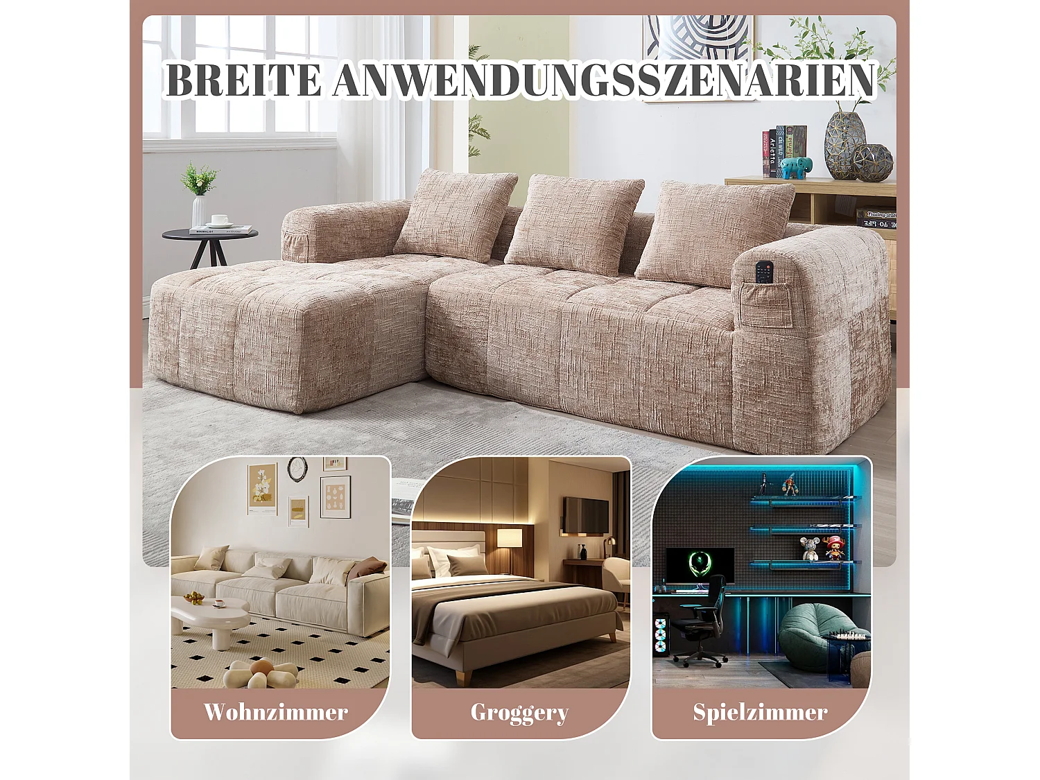 Canapé modulable en L 3 places + chaise longue - Chenille khaki - Sans montage, 3 coussins lavables, poches latérales, 250x158x60cm, 300 kg