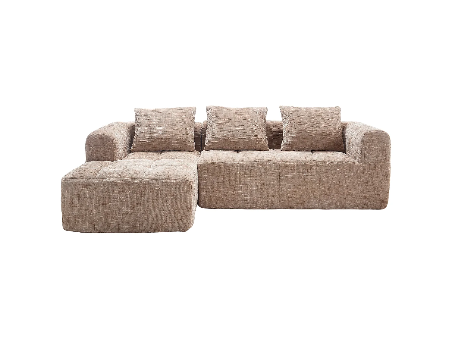 Canapé modulable en L 3 places + chaise longue - Chenille khaki - Sans montage, 3 coussins lavables, poches latérales, 250x158x60cm, 300 kg