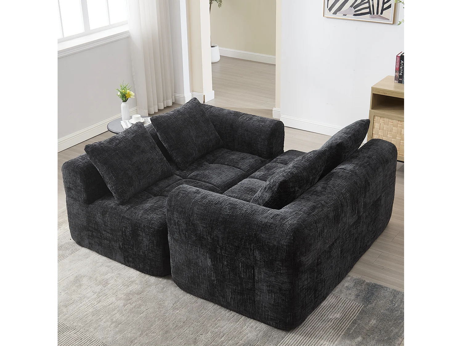 Hoekbank - 3-Zits Met Chaiselongue - Met Zijvak & 3 Kussens - Hoog Dichtheid Schuim Voor Wolkachtige Zitcomfort - Chenille - Zwart