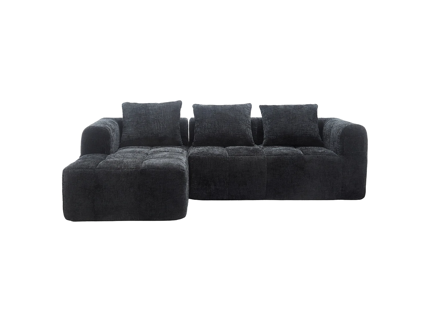 Hoekbank - 3-Zits Met Chaiselongue - Met Zijvak & 3 Kussens - Hoog Dichtheid Schuim Voor Wolkachtige Zitcomfort - Chenille - Zwart