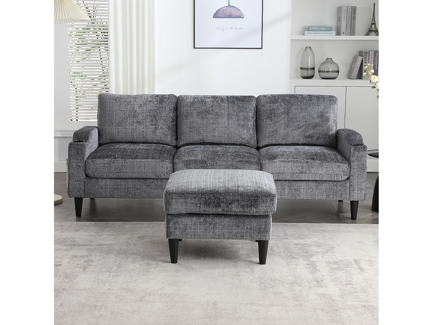 Canapé 4 places modulable avec pouf de rangement, accoudoirs avec porte-gobelet et poches latérales – Cadre métal+bois – Chenille Gris