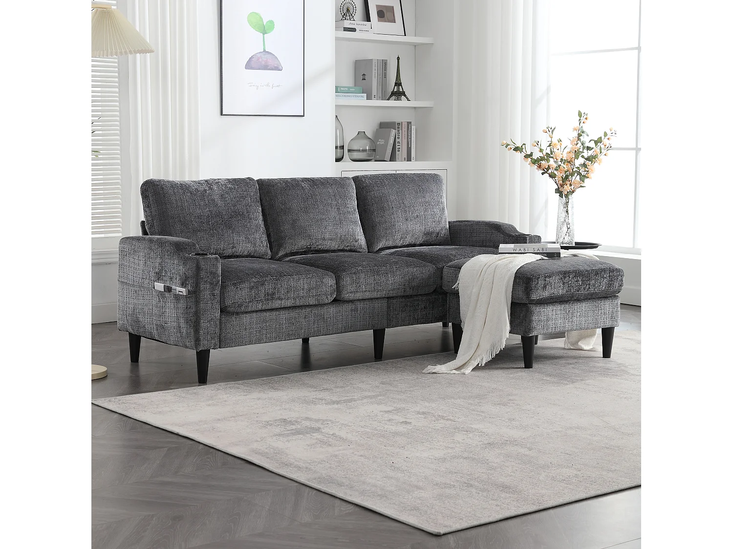 Canapé 4 places modulable avec pouf de rangement, accoudoirs avec porte-gobelet et poches latérales – Cadre métal+bois – Chenille Gris