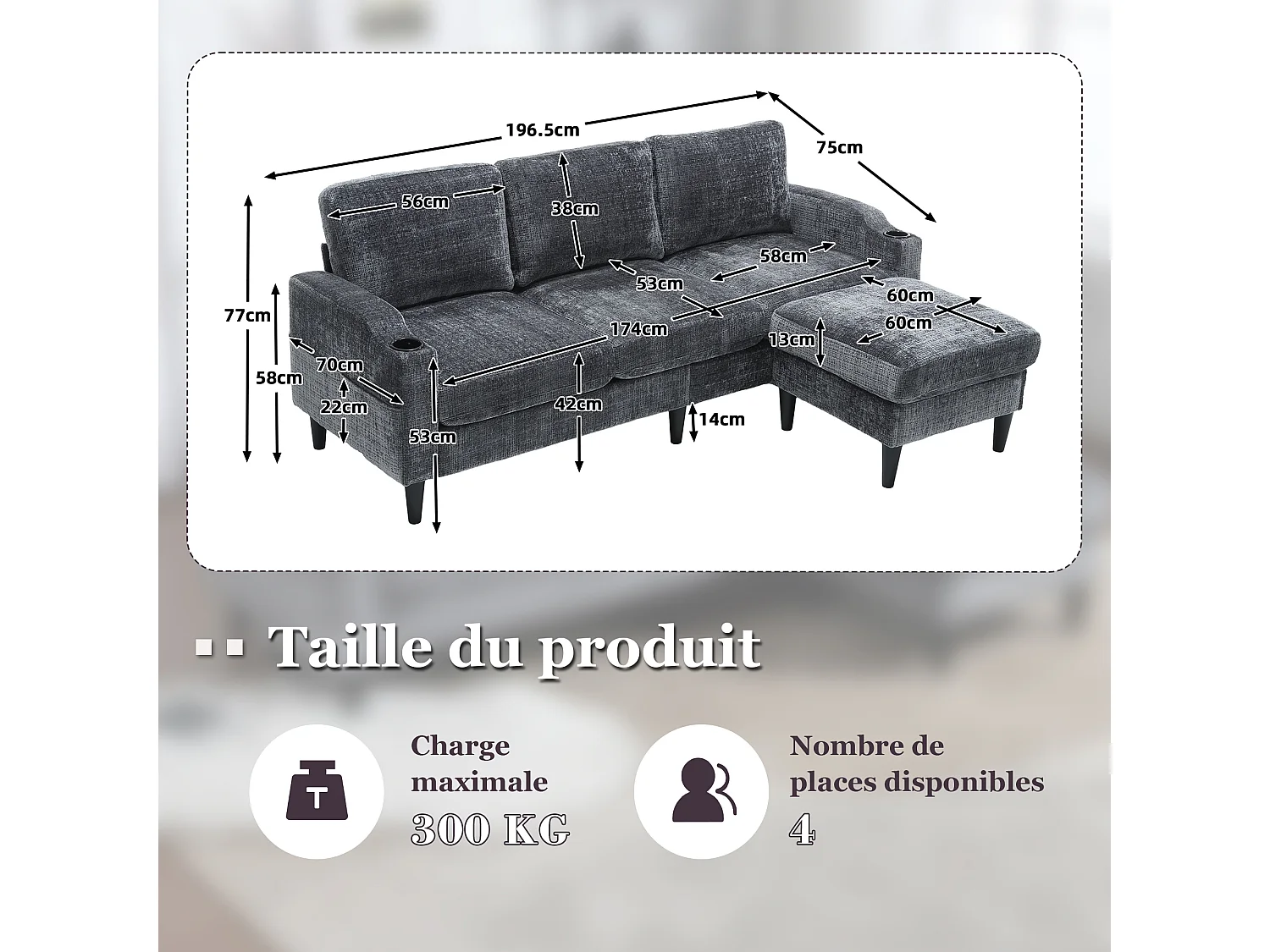 Canapé 4 places modulable avec pouf de rangement, accoudoirs avec porte-gobelet et poches latérales – Cadre métal+bois – Chenille Gris