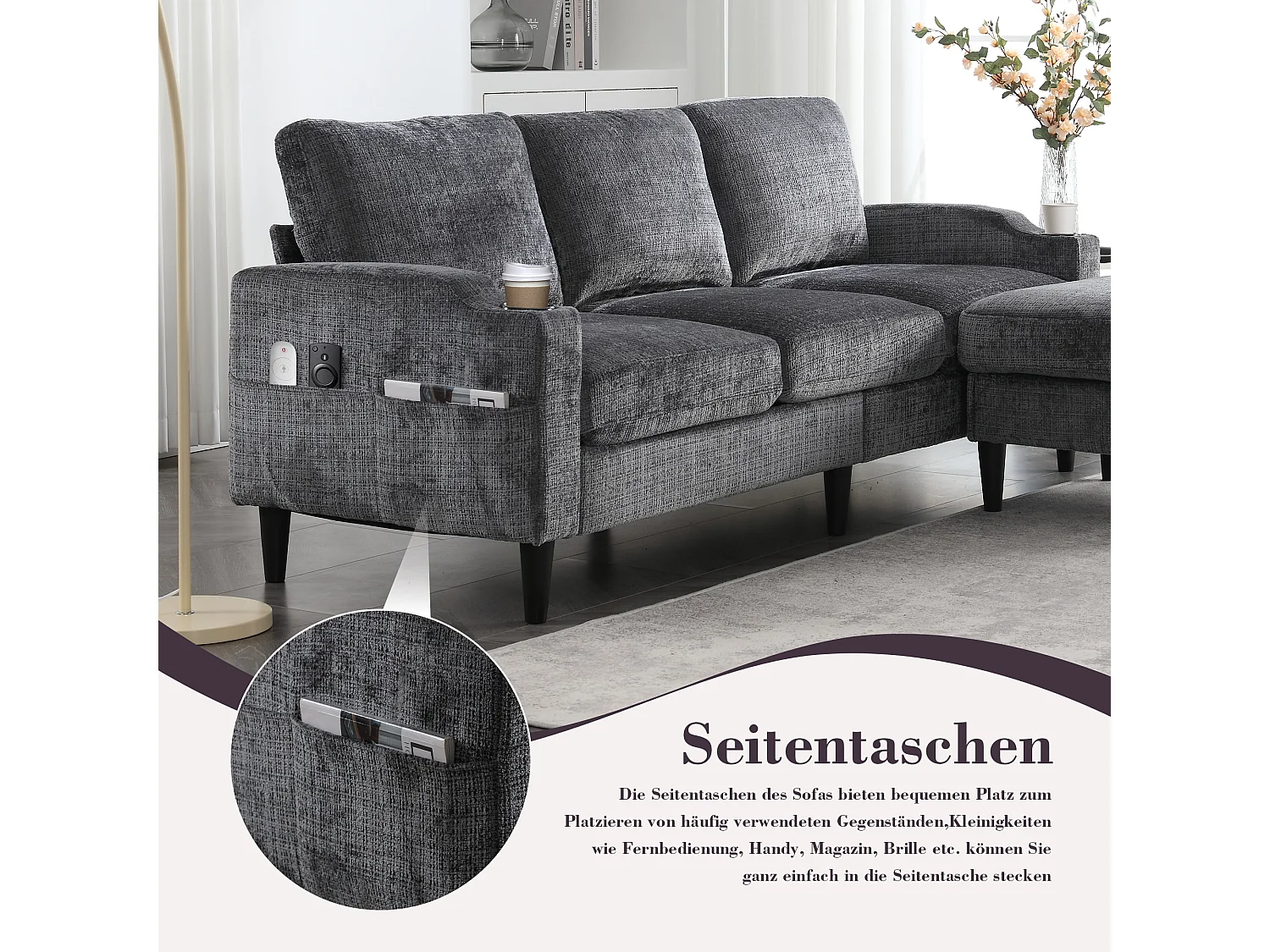 Canapé 4 places modulable avec pouf de rangement, accoudoirs avec porte-gobelet et poches latérales – Cadre métal+bois – Chenille Gris