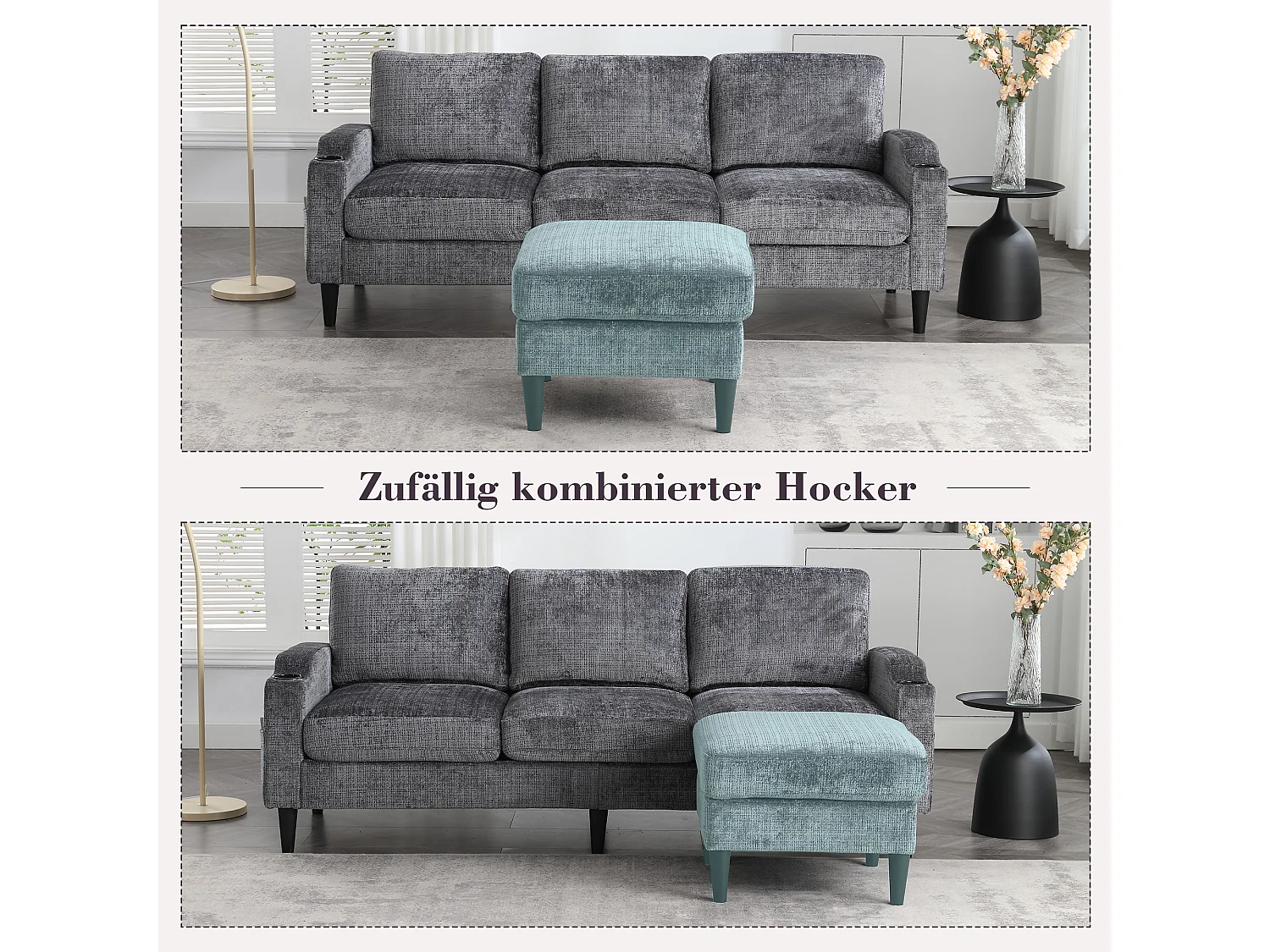 Canapé 4 places modulable avec pouf de rangement, accoudoirs avec porte-gobelet et poches latérales – Cadre métal+bois – Chenille Gris