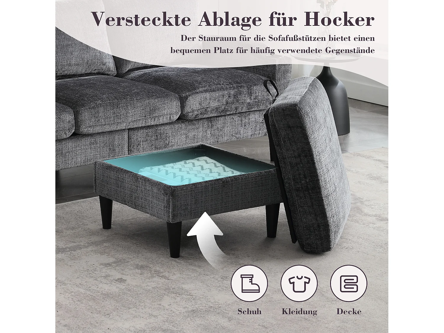 Canapé 4 places modulable avec pouf de rangement, accoudoirs avec porte-gobelet et poches latérales – Cadre métal+bois – Chenille Gris