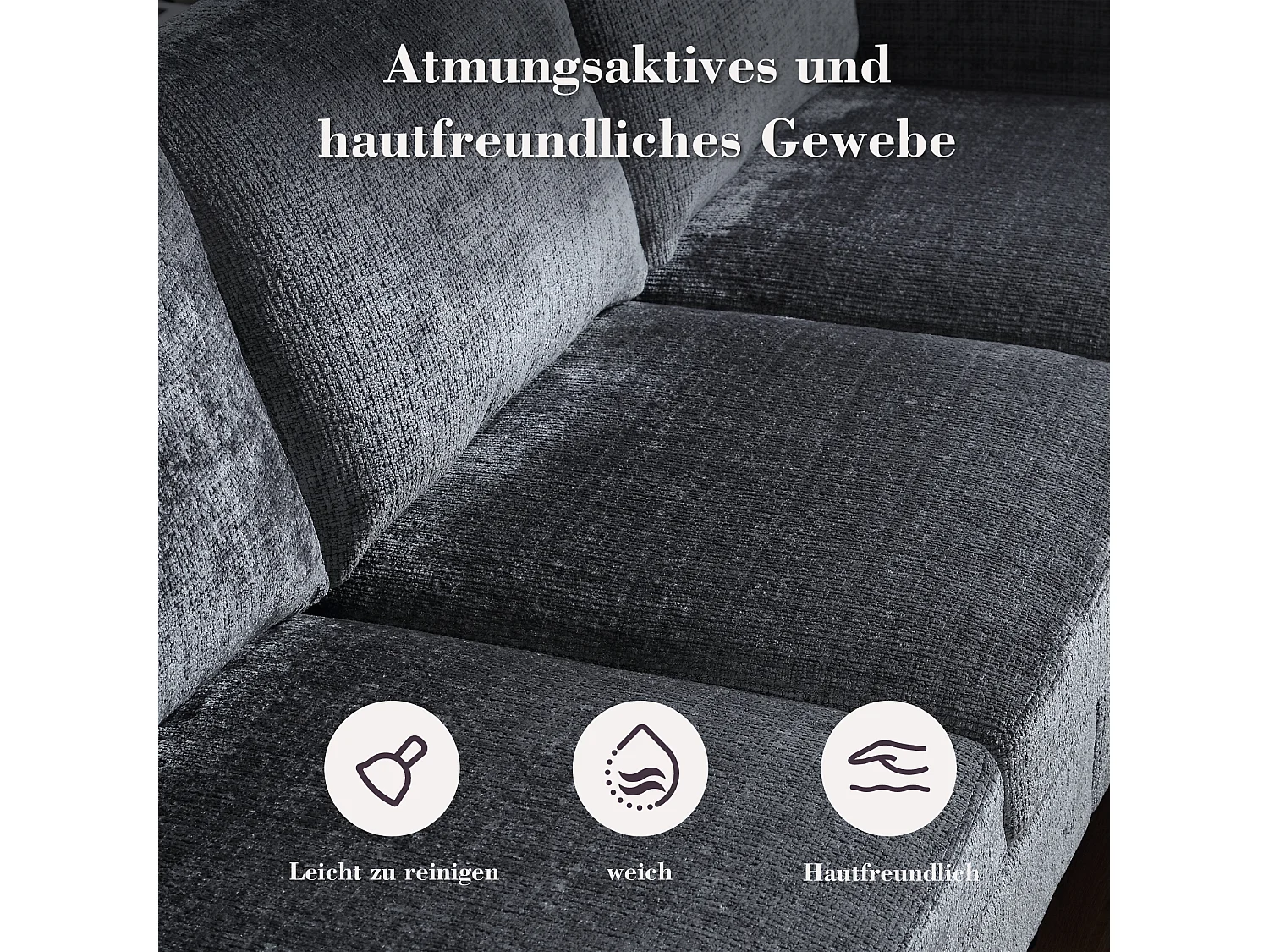 Canapé 4 places modulable avec pouf de rangement, accoudoirs avec porte-gobelet et poches latérales – Cadre métal+bois – Chenille Gris