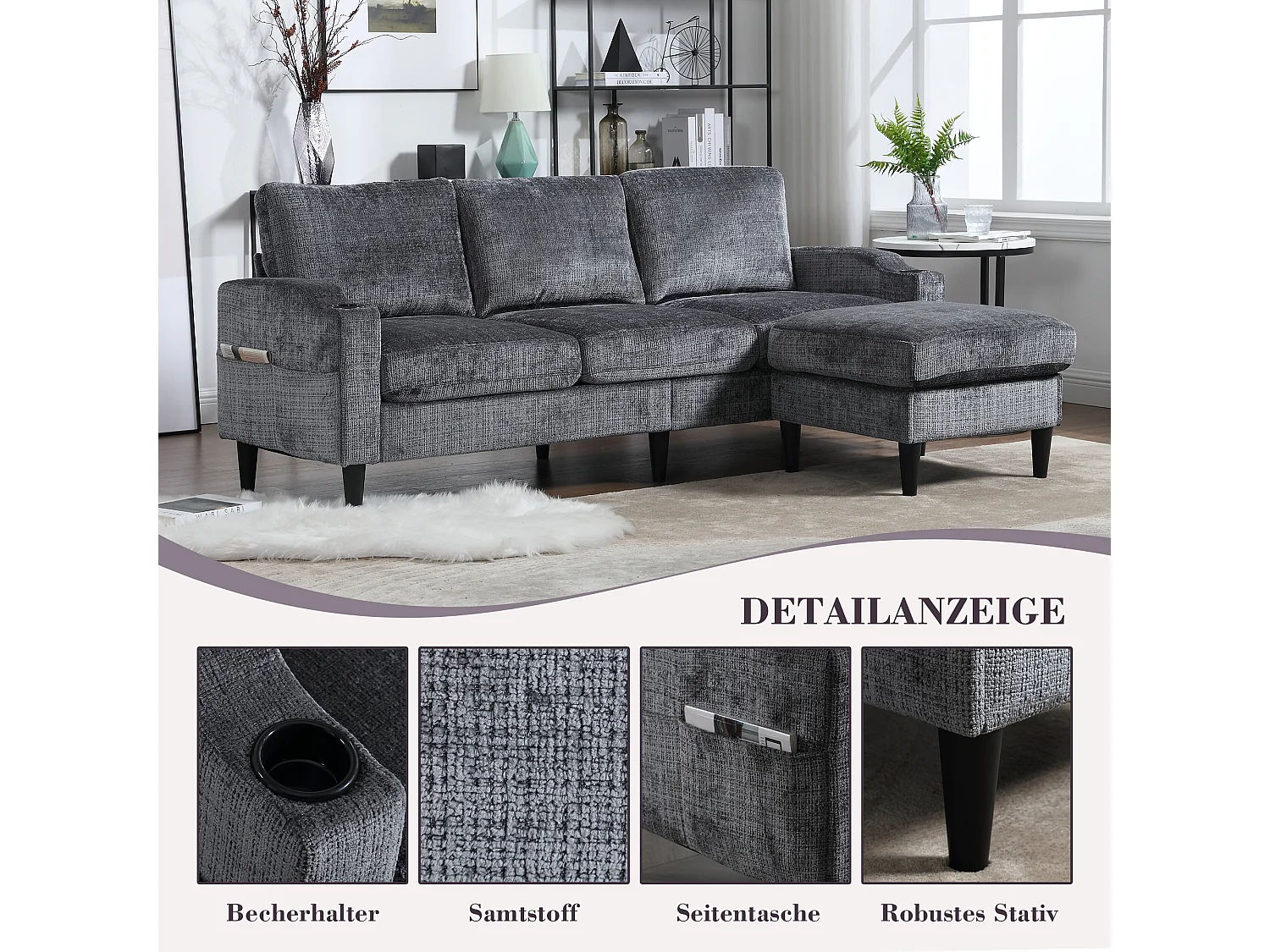 Canapé 4 places modulable avec pouf de rangement, accoudoirs avec porte-gobelet et poches latérales – Cadre métal+bois – Chenille Gris