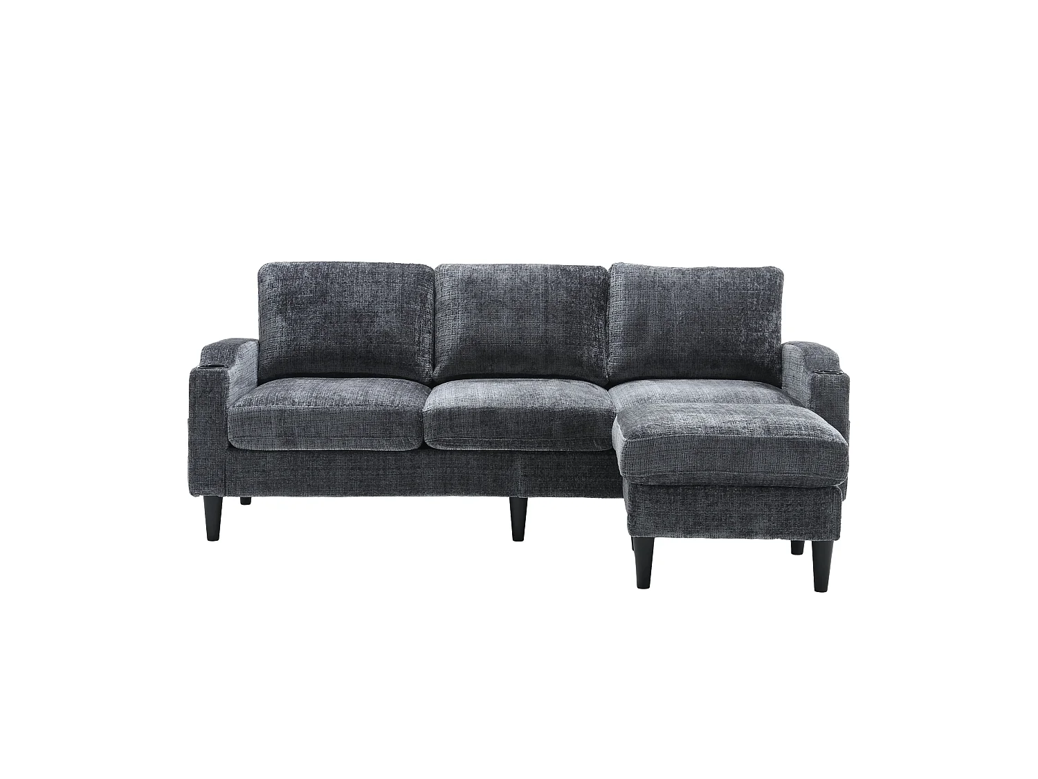 Canapé 4 places modulable avec pouf de rangement, accoudoirs avec porte-gobelet et poches latérales – Cadre métal+bois – Chenille Gris