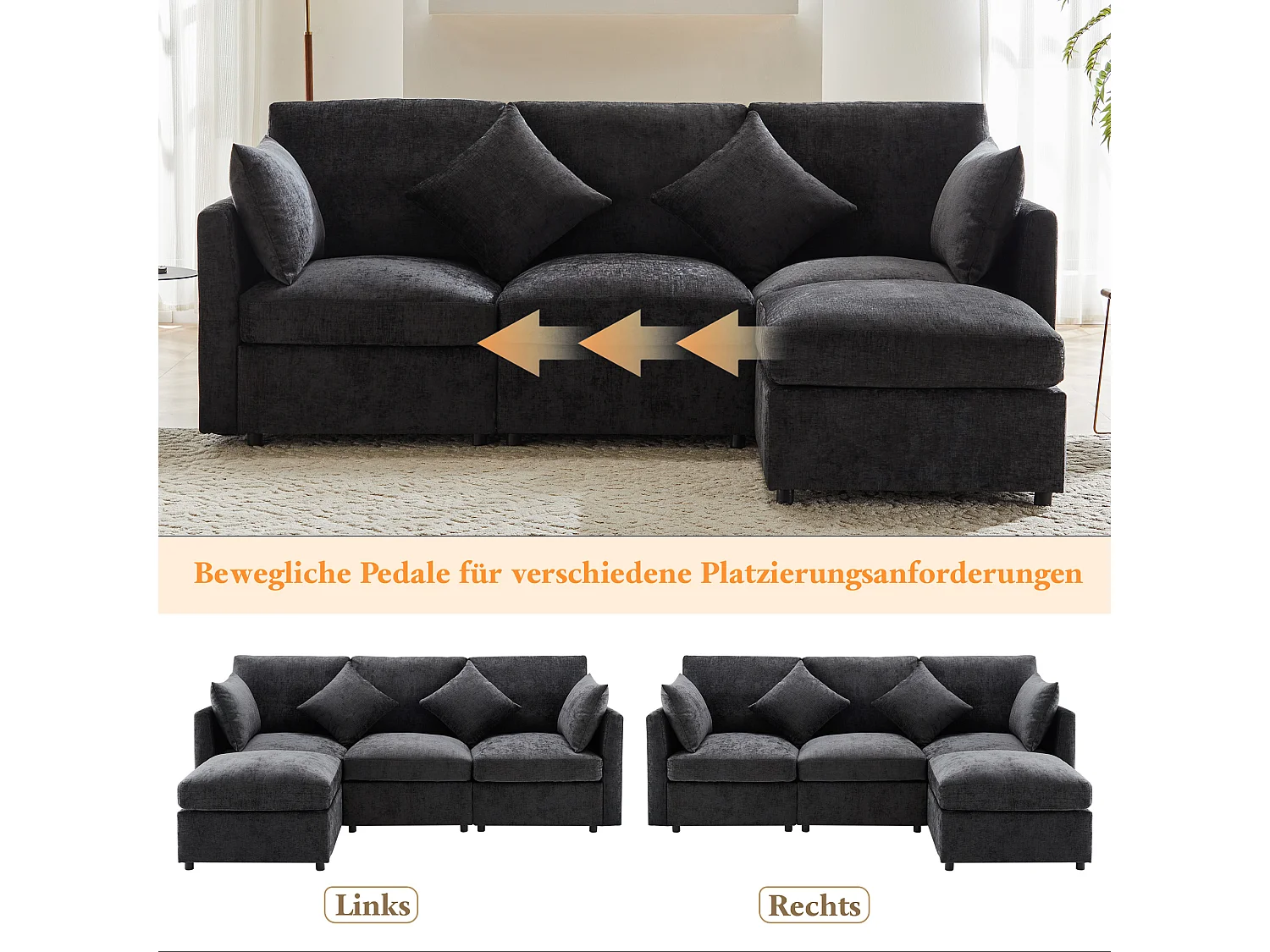 Hoekbank – 3-4-Zits Chenille Sofa Met Verplaatsbare Poef – Afneembare Zitkussens & Pocketvering – Massief Houten Frame – Chenille – Grijs