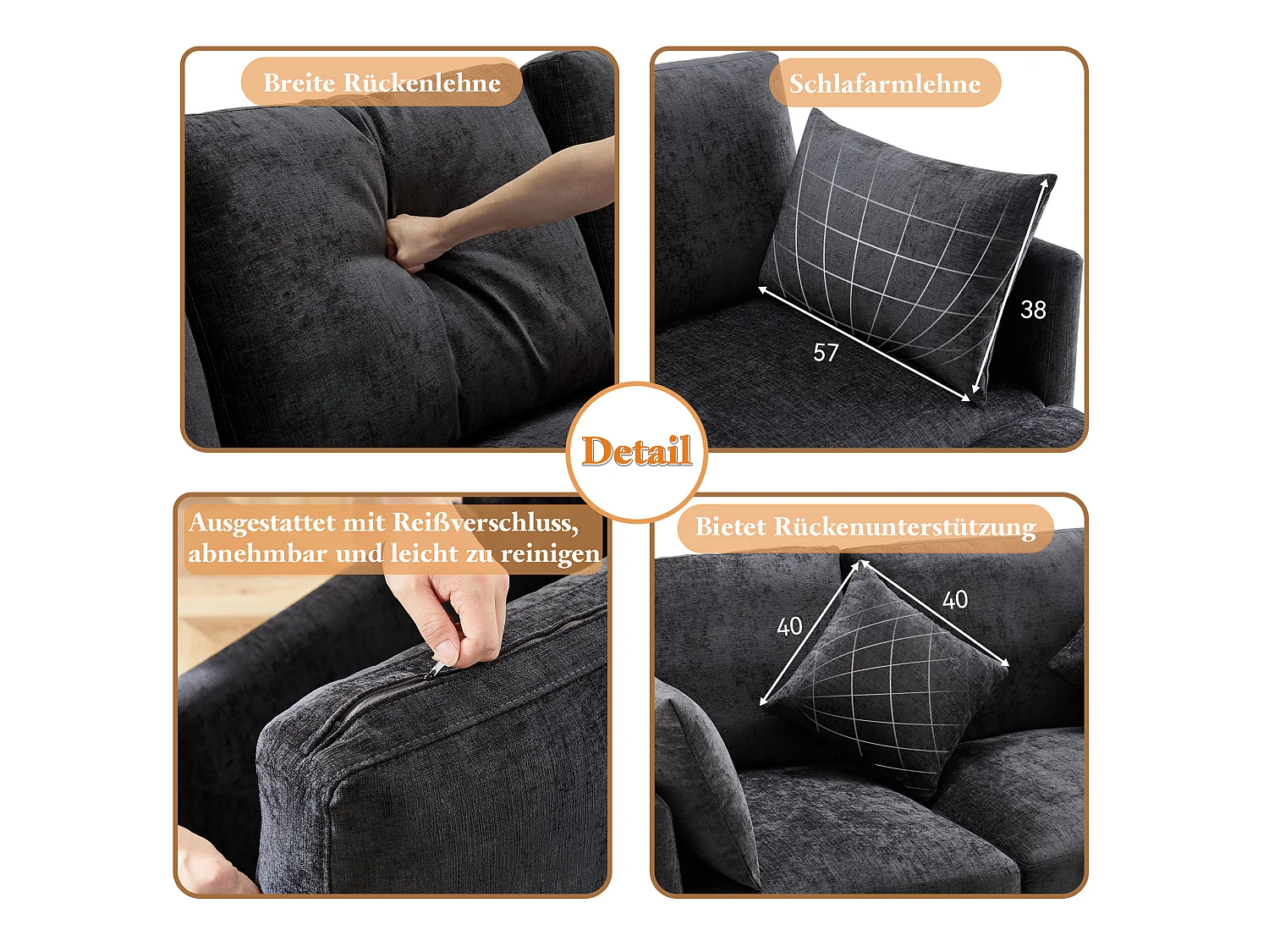 Hoekbank – 3-4-Zits Chenille Sofa Met Verplaatsbare Poef – Afneembare Zitkussens & Pocketvering – Massief Houten Frame – Chenille – Grijs