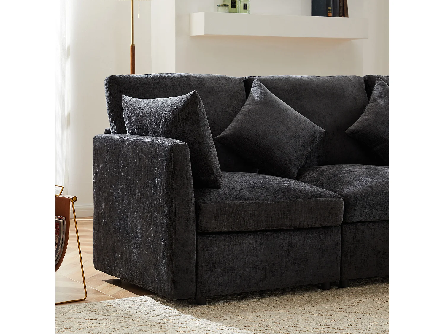 Hoekbank – 3-4-Zits Chenille Sofa Met Verplaatsbare Poef – Afneembare Zitkussens & Pocketvering – Massief Houten Frame – Chenille – Grijs