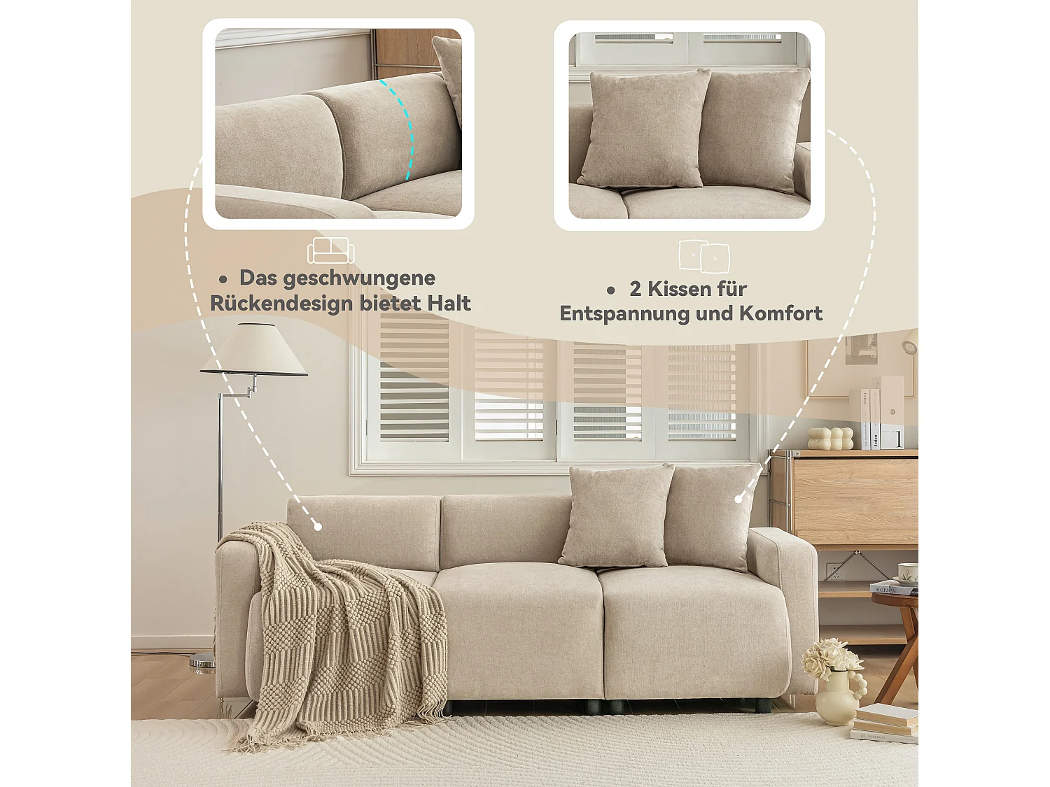 Bank - 3-4-Zits Sofa - Ronde Armleuningen & 2 Sierkussens - Verhoogde Rugleuning, Zitbreedte 57cm - Voor Woonkamer/Slaapkamer - Chenille - Beige