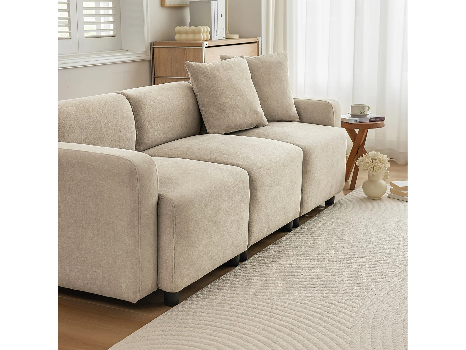 Bank - 3-4-Zits Sofa - Ronde Armleuningen & 2 Sierkussens - Verhoogde Rugleuning, Zitbreedte 57cm - Voor Woonkamer/Slaapkamer - Chenille - Beige