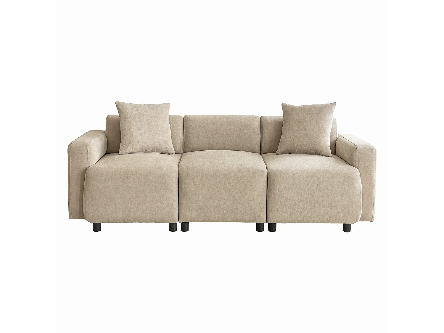 Bank - 3-4-Zits Sofa - Ronde Armleuningen & 2 Sierkussens - Verhoogde Rugleuning, Zitbreedte 57cm - Voor Woonkamer/Slaapkamer - Chenille - Beige