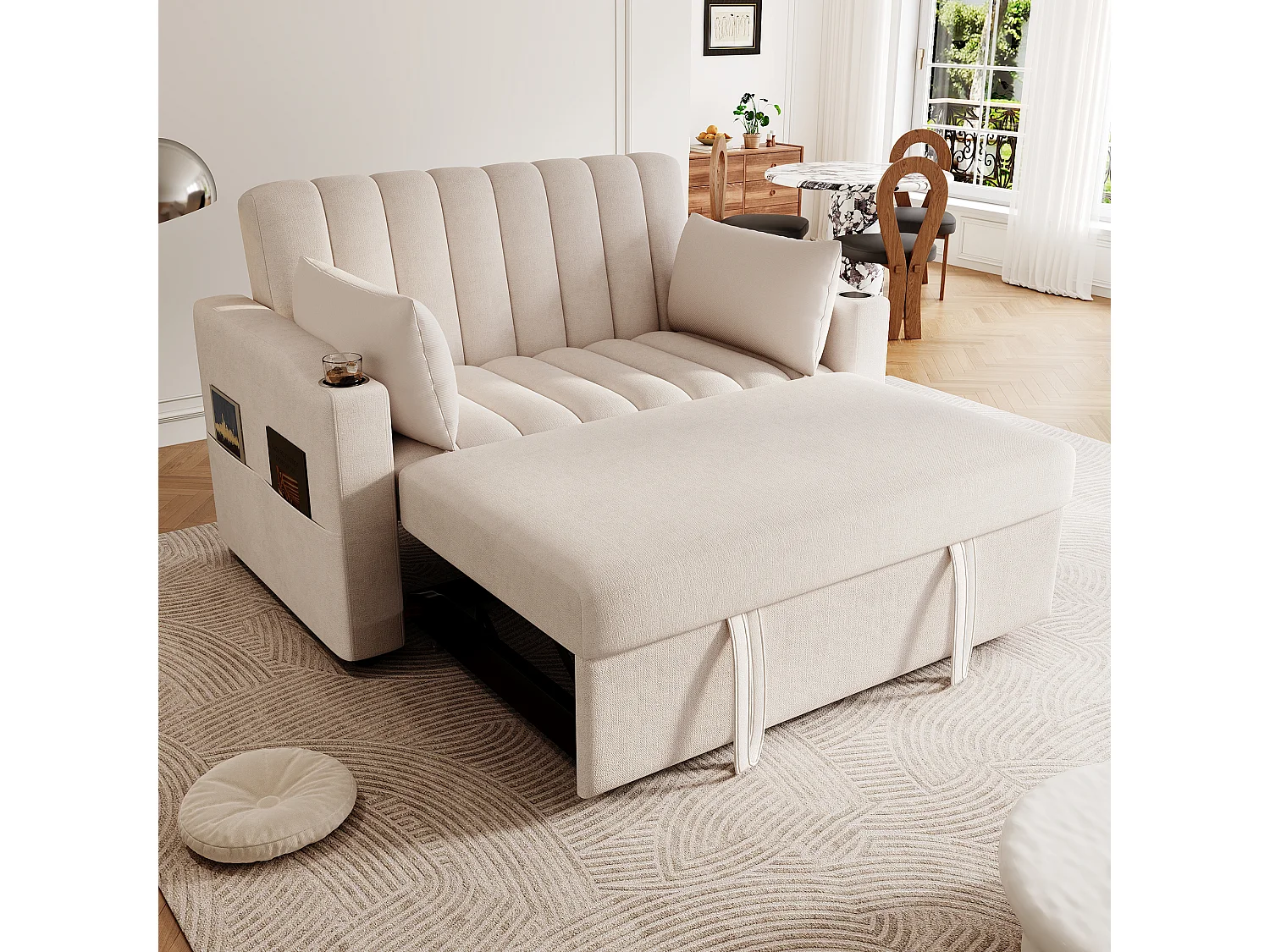 Canapé-lit 2 places – Convertible 180° avec dossier 3 positions, porte-gobelet inox, poches latérales et 2 coussins – Tissu coton-lin – Beige