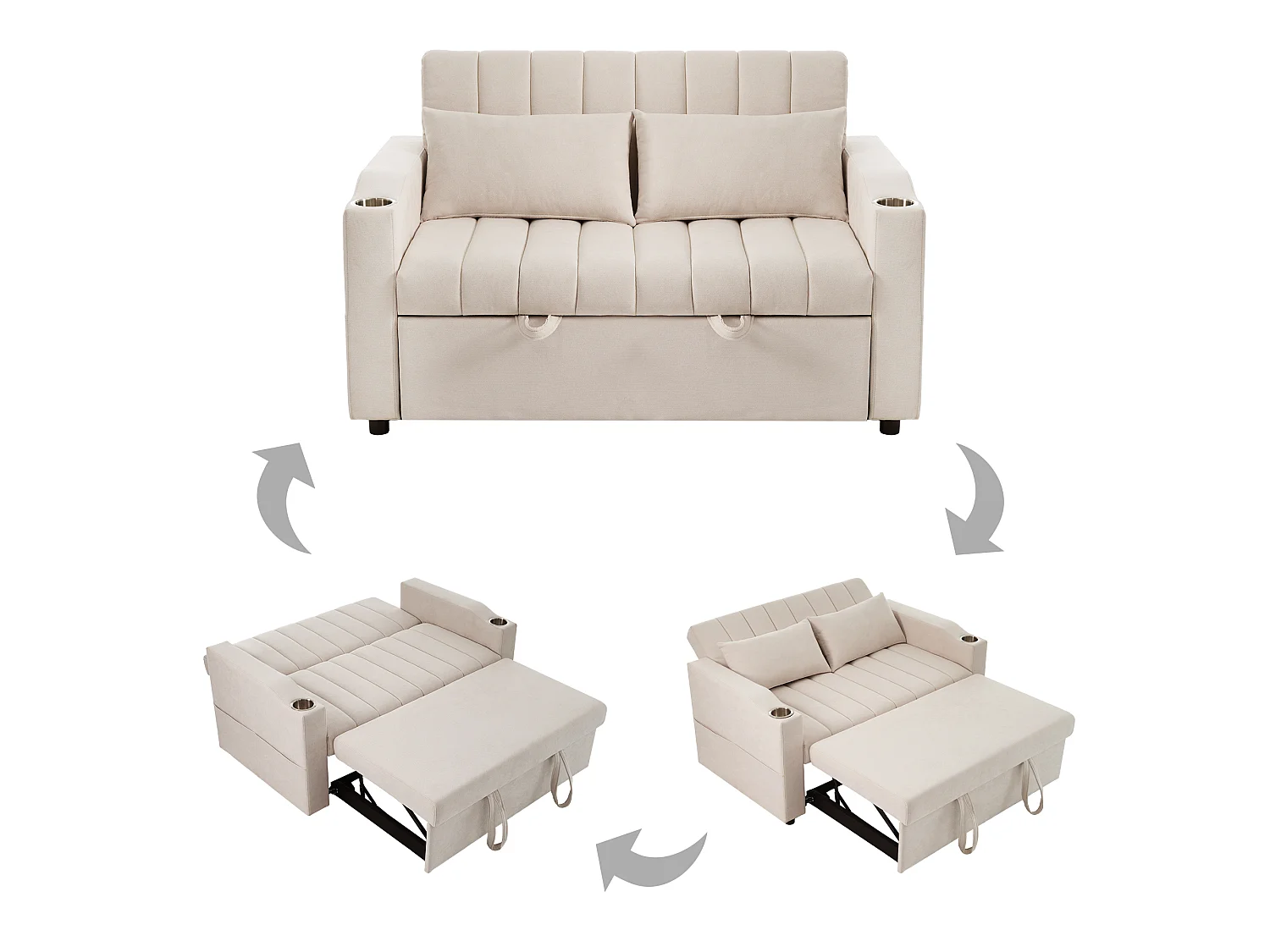 Canapé-lit 2 places – Convertible 180° avec dossier 3 positions, porte-gobelet inox, poches latérales et 2 coussins – Tissu coton-lin – Beige