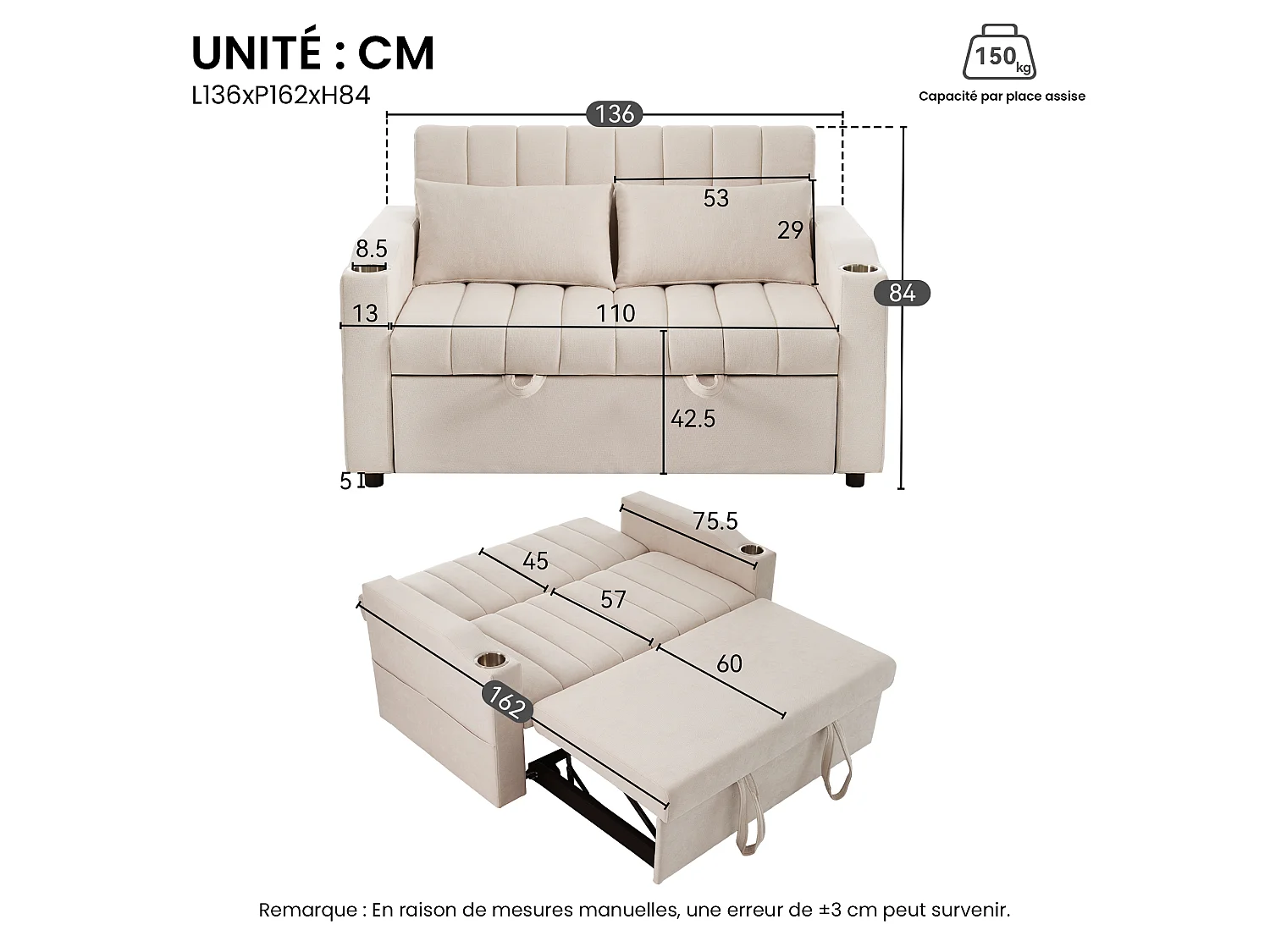Canapé-lit 2 places – Convertible 180° avec dossier 3 positions, porte-gobelet inox, poches latérales et 2 coussins – Tissu coton-lin – Beige