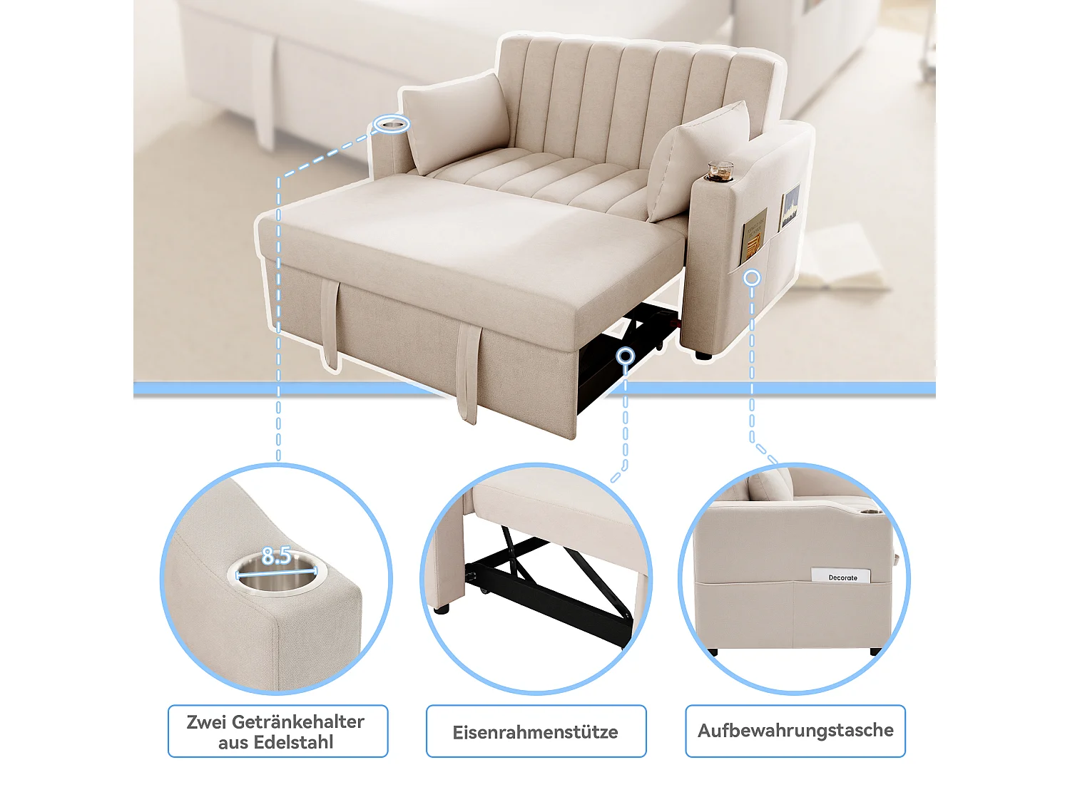 Canapé-lit 2 places – Convertible 180° avec dossier 3 positions, porte-gobelet inox, poches latérales et 2 coussins – Tissu coton-lin – Beige