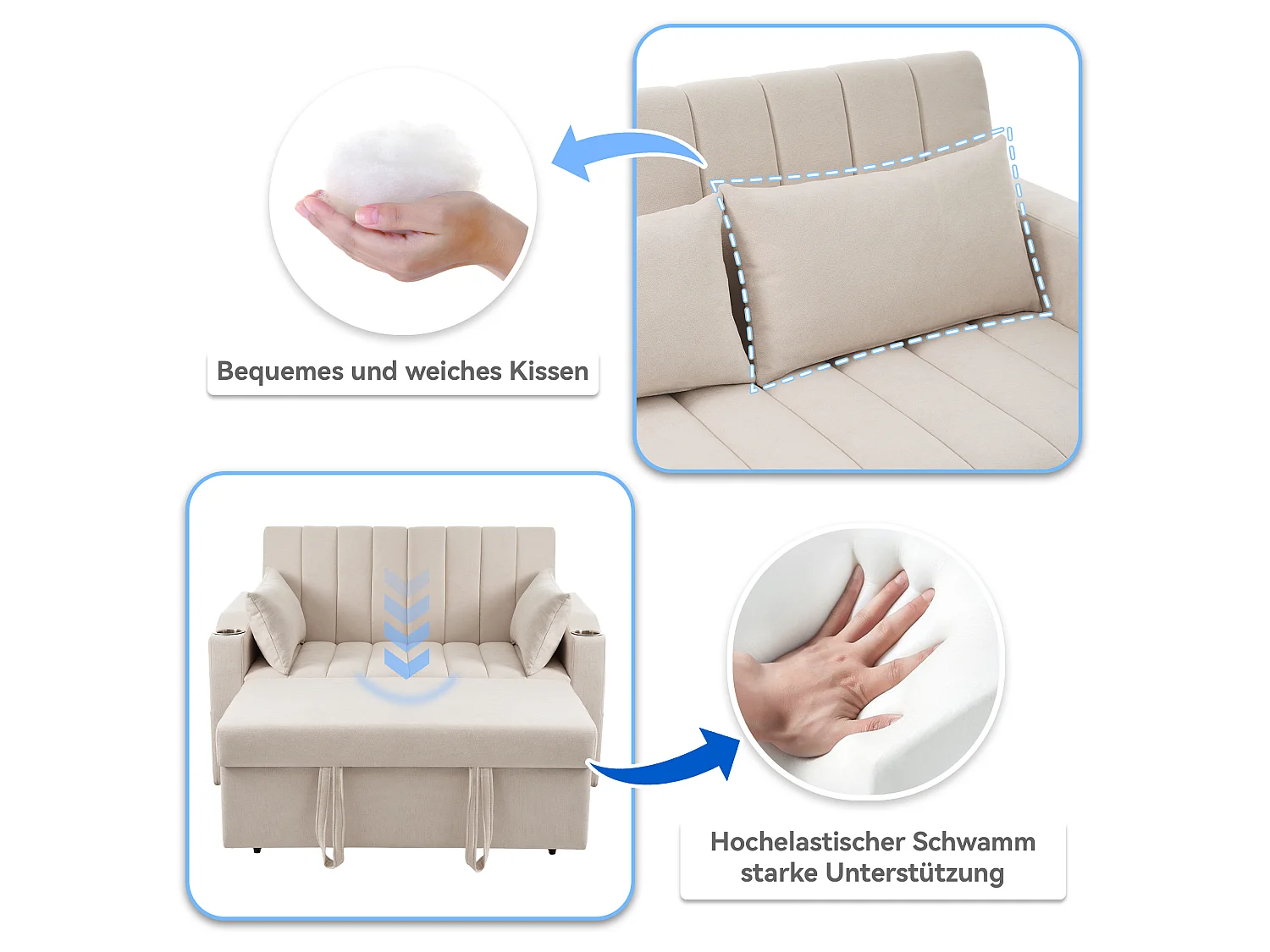 Canapé-lit 2 places – Convertible 180° avec dossier 3 positions, porte-gobelet inox, poches latérales et 2 coussins – Tissu coton-lin – Beige