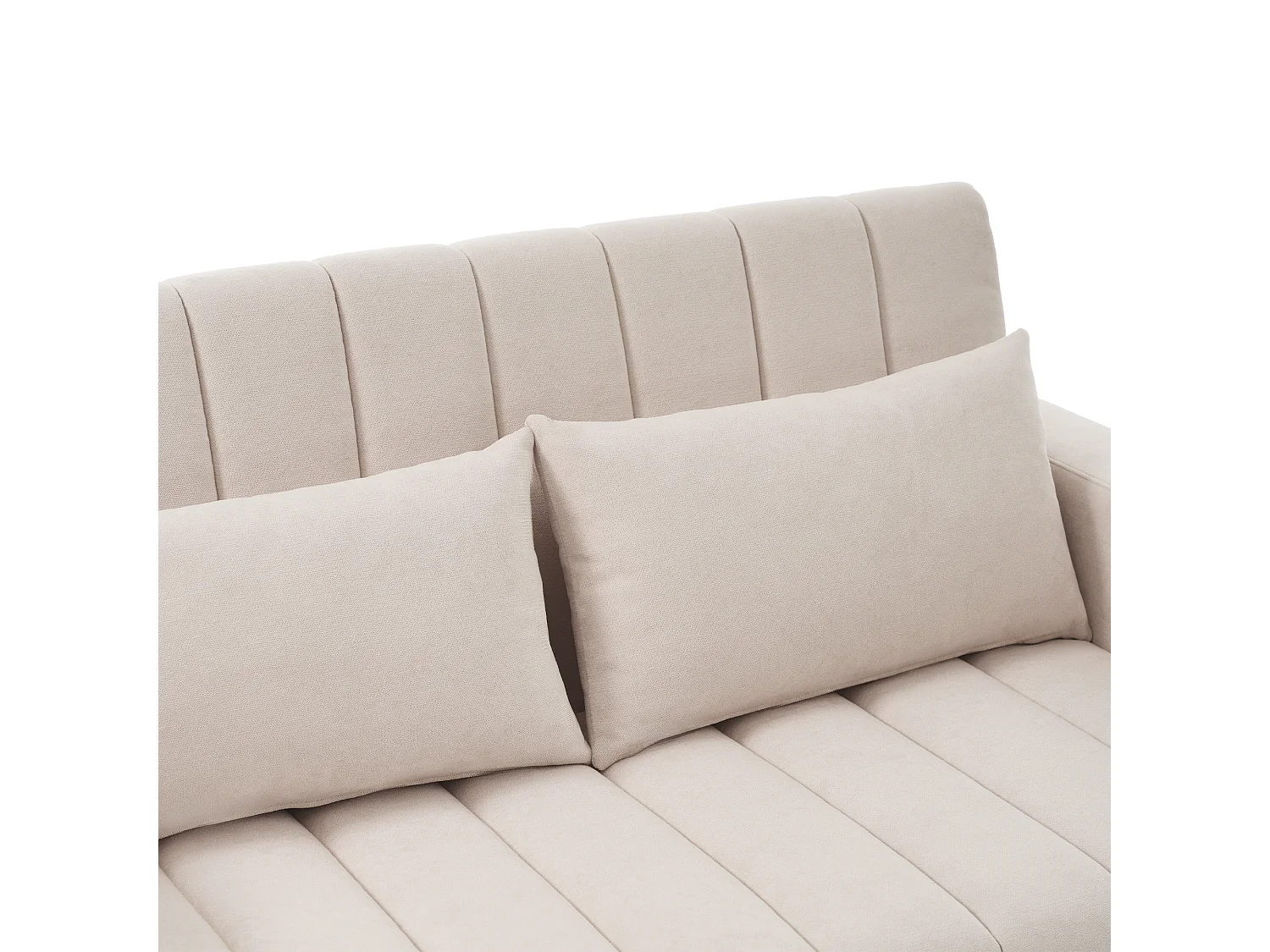 Canapé-lit 2 places – Convertible 180° avec dossier 3 positions, porte-gobelet inox, poches latérales et 2 coussins – Tissu coton-lin – Beige
