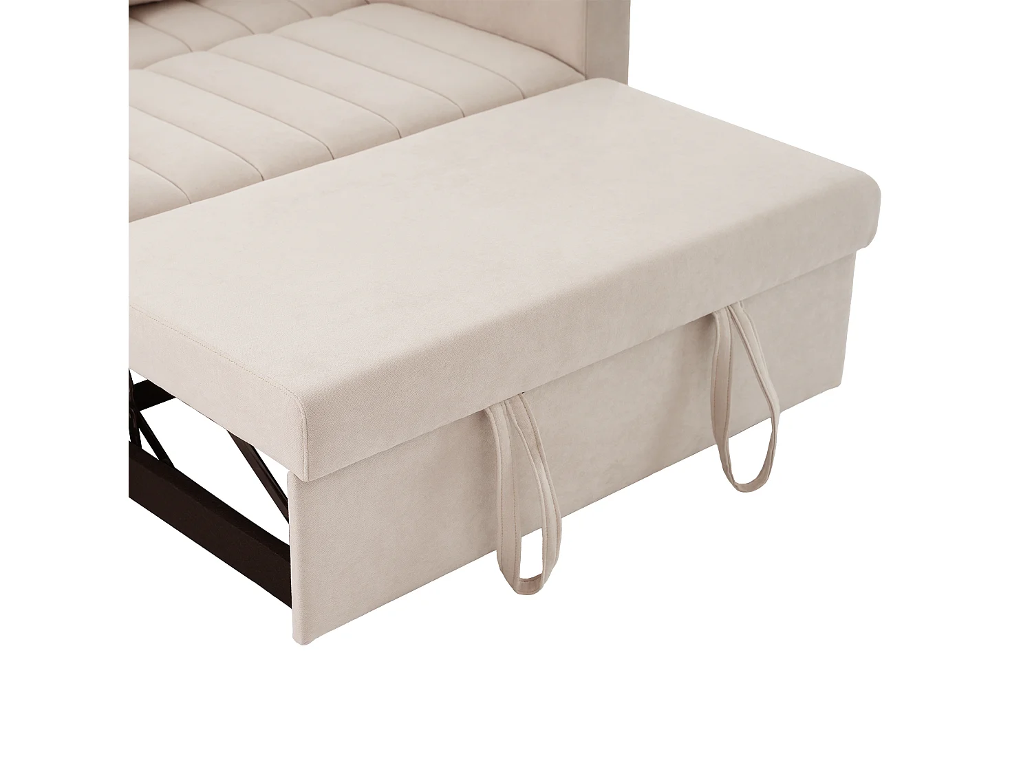 Canapé-lit 2 places – Convertible 180° avec dossier 3 positions, porte-gobelet inox, poches latérales et 2 coussins – Tissu coton-lin – Beige