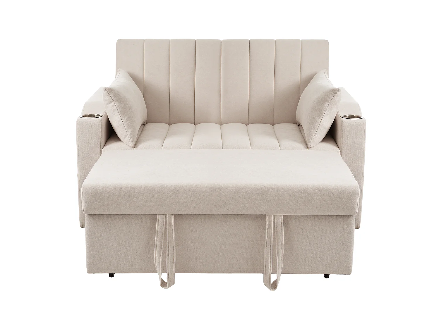 Canapé-lit 2 places – Convertible 180° avec dossier 3 positions, porte-gobelet inox, poches latérales et 2 coussins – Tissu coton-lin – Beige