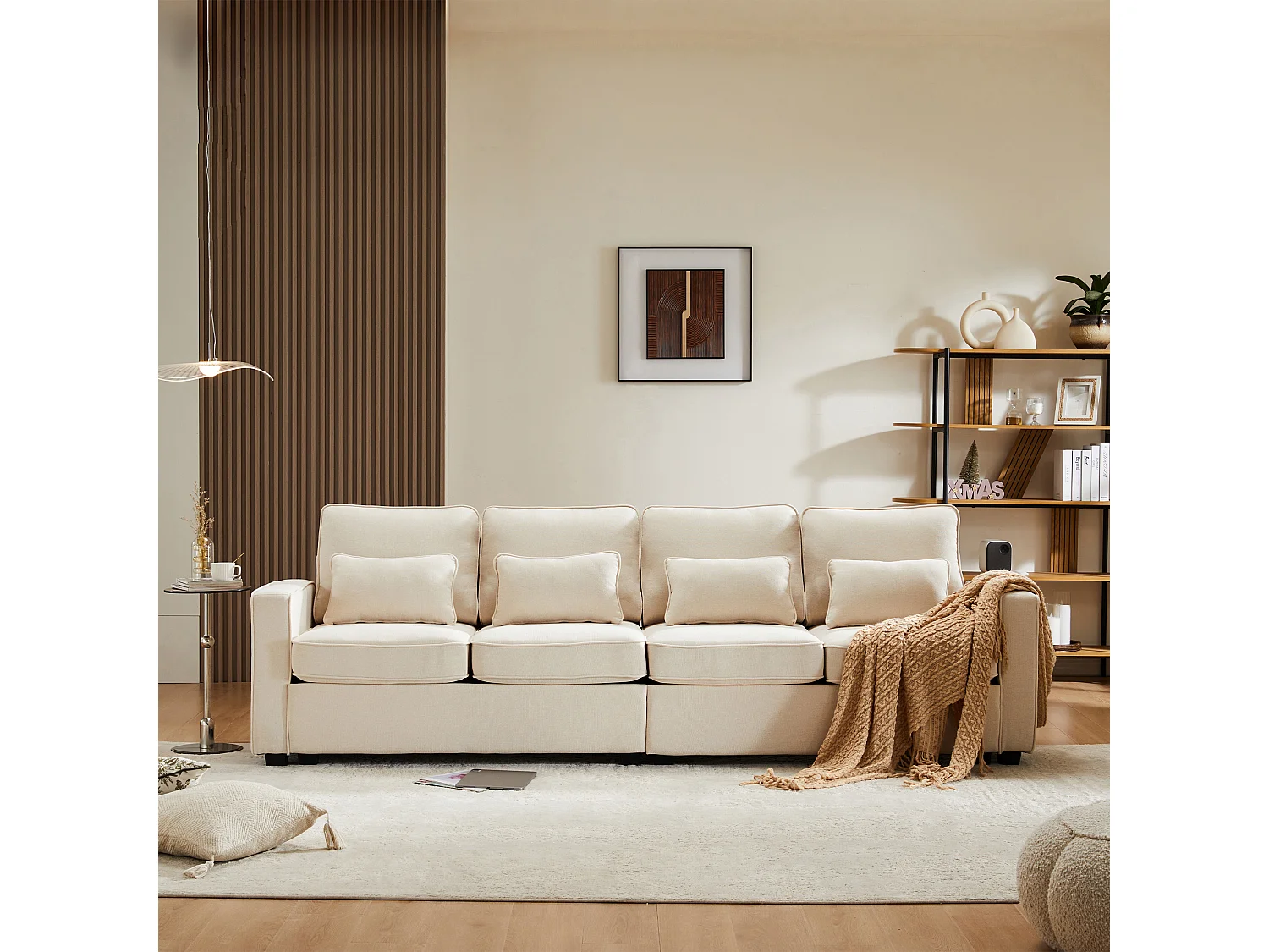 Bank - 4-Zits Linnen Sofa Met Opbergzakken En Hoge Rugleuning - Elastische Zitting - 4 Lendenkussens & Afneembare Zitkussens - Linnen - Beige