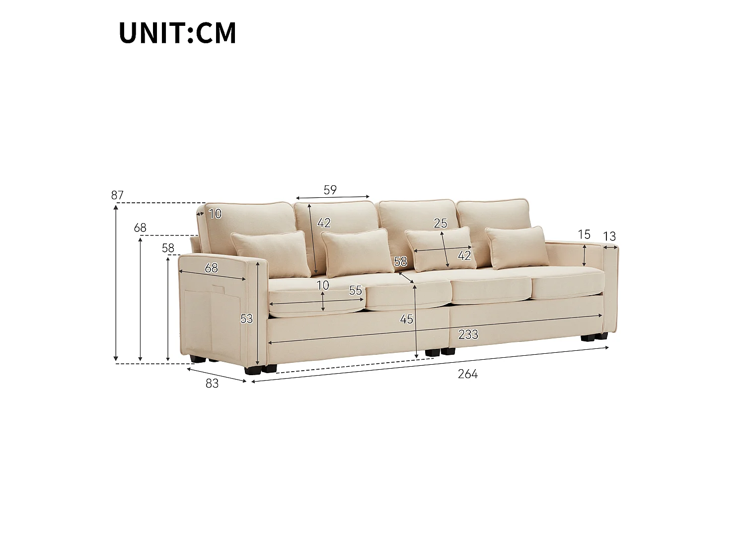 Bank - 4-Zits Linnen Sofa Met Opbergzakken En Hoge Rugleuning - Elastische Zitting - 4 Lendenkussens & Afneembare Zitkussens - Linnen - Beige