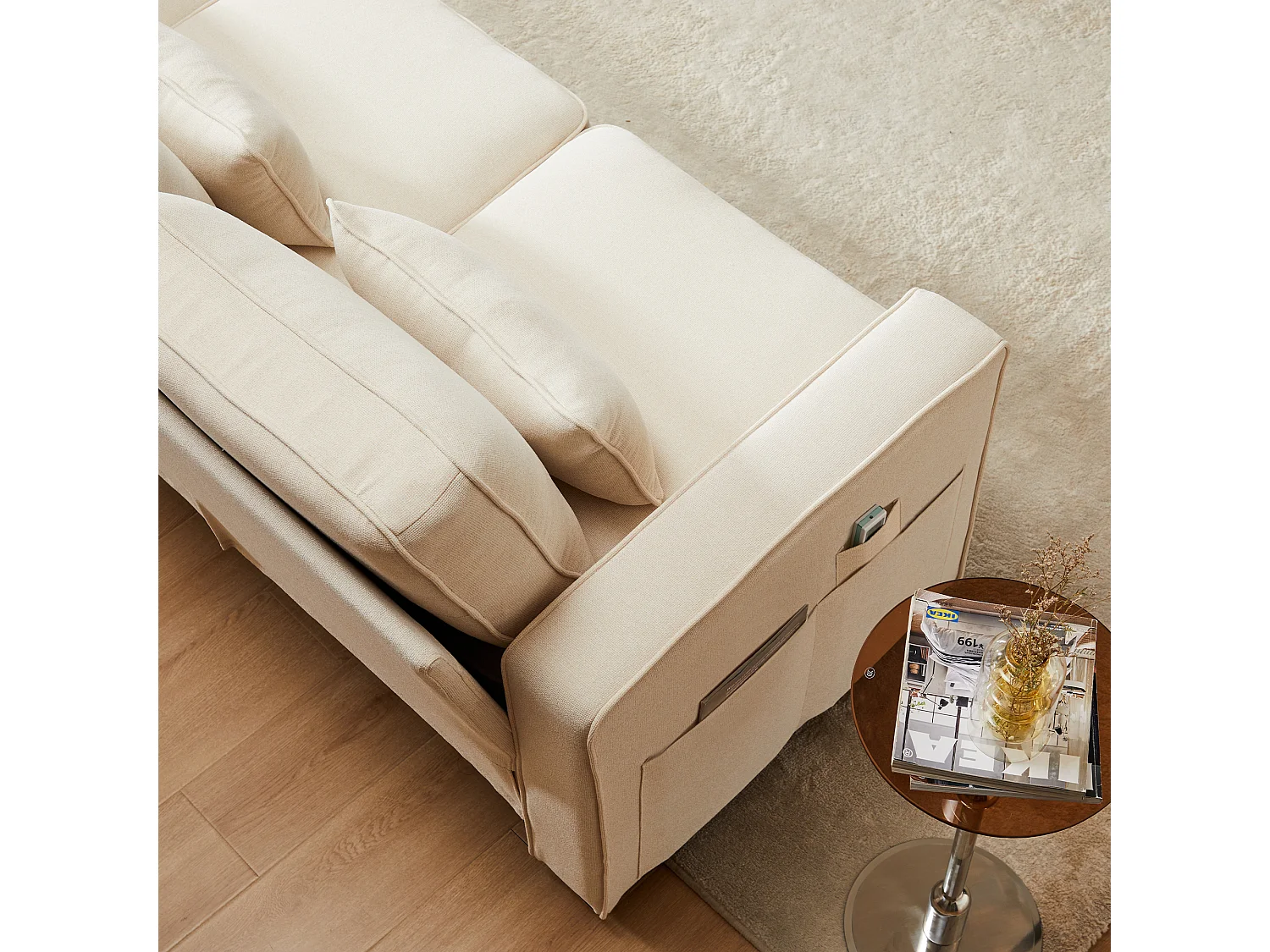 Bank - 4-Zits Linnen Sofa Met Opbergzakken En Hoge Rugleuning - Elastische Zitting - 4 Lendenkussens & Afneembare Zitkussens - Linnen - Beige